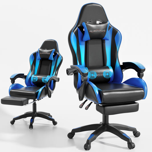 Mr IRONSTONE Gaming Chair with Speakers & LED Lights, Ergonomic Massage Office Chair with Footrest, 4D Armrests - Blue