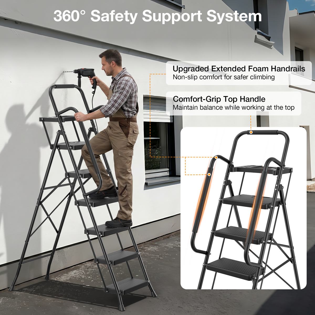 Mr IRONSTONE 6 Step Ladder for Adults, 800lbs Heavy Duty Folding Ladder with Tool Tray, Upgraded Non Slip Handrails and Anti Slip Pedal for Home Office Garage, Black