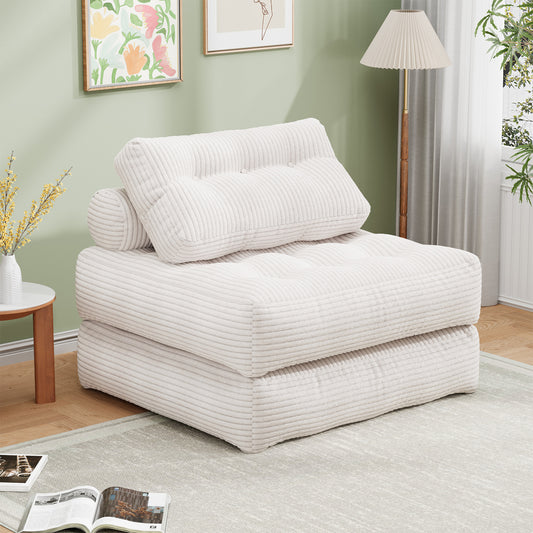 Mr IRONSTONE 3 in 1 Folding Sofa Bed, Convertible Sleeper Chair with Pillow, Corduroy Memory Foam Floor Sofa Lounge Chair for Living Room Dorm, White