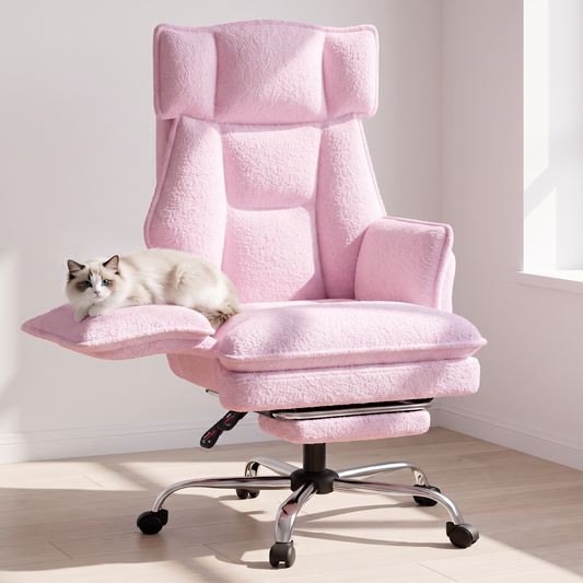 Mr IRONSTONE High Back Reclining Office Chair, Plush Teddy Fabric Desk Chair with Pull-Out Footrest and Flip-Up Arms for Home Office, Pink