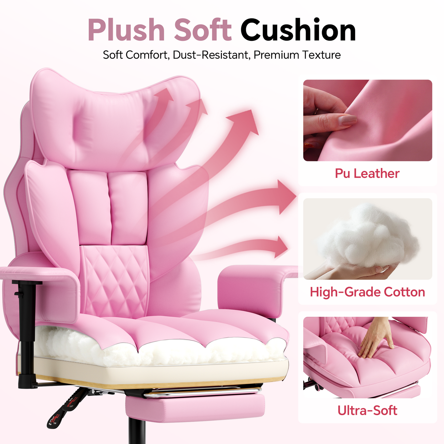 Mr IRONSTONE High Back Computer Desk Chair, Cute PU Leather Gaming Chair with Adjustable Armrests and Retractable Footrest, Pink