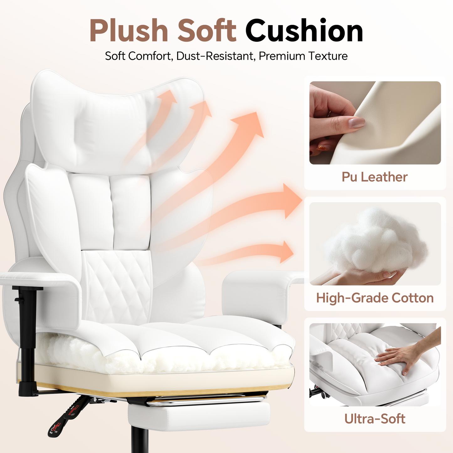 Mr IRONSTONE Ergonomic Home Office Chair, Ultra Soft PU Leather Desk Chair with Deep Wide Seat for Cross Legged Sitting, White