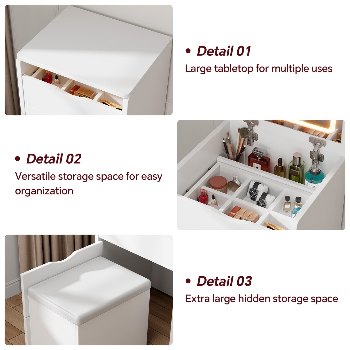 Mr IRONSTONE 19 Inch Small Vanity Desk with LED Mirror and Stool, Compact Makeup Dressing Table Set with Drawer, Modern Beauty Station for Small Space, White