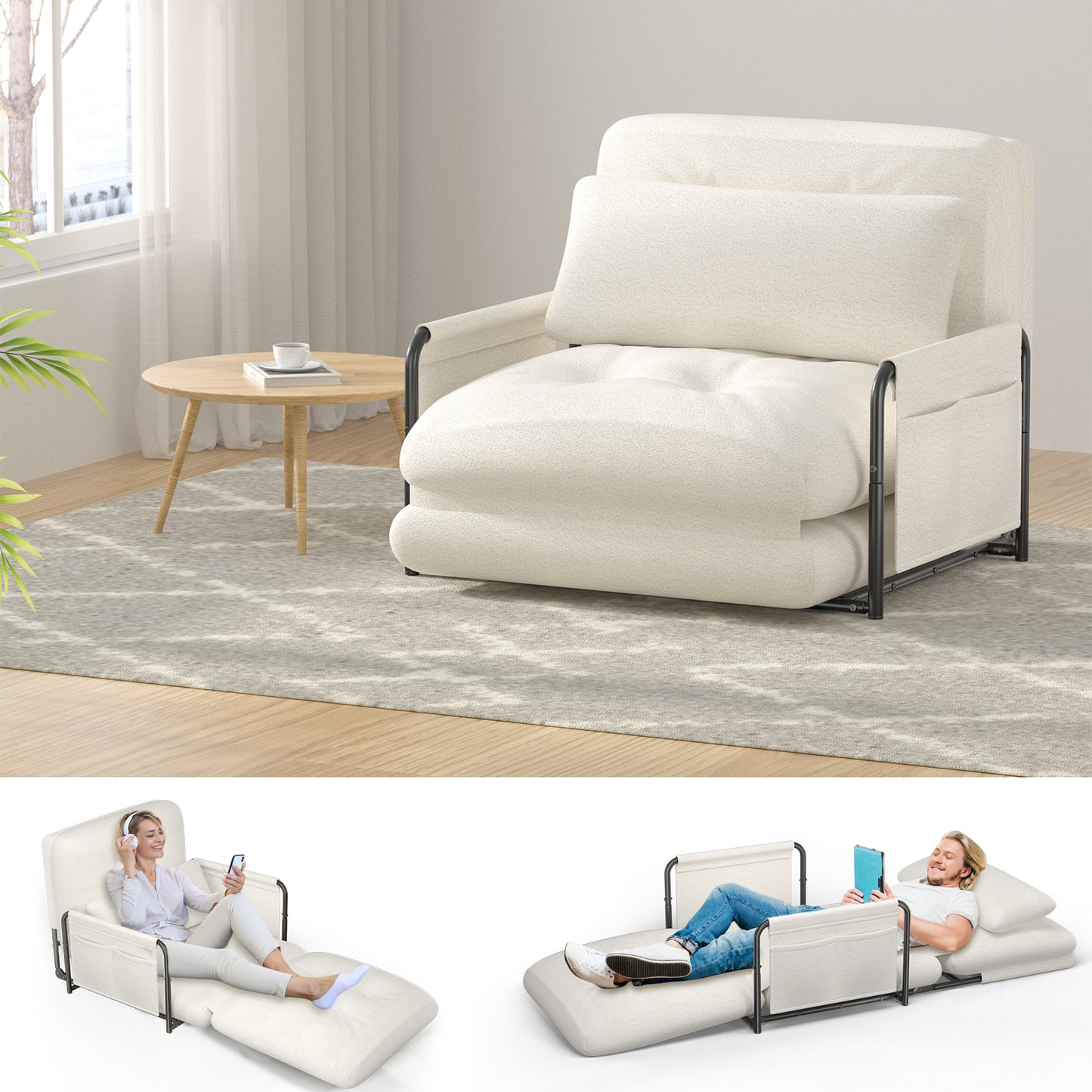 Mr IRONSTONE Convertible Chair Bed, Foldable Lazy Sofa Sleeper Chair with Metal Frame and Armrests, 5-Position Adjustable Lounge Chair with Side Pockets, White