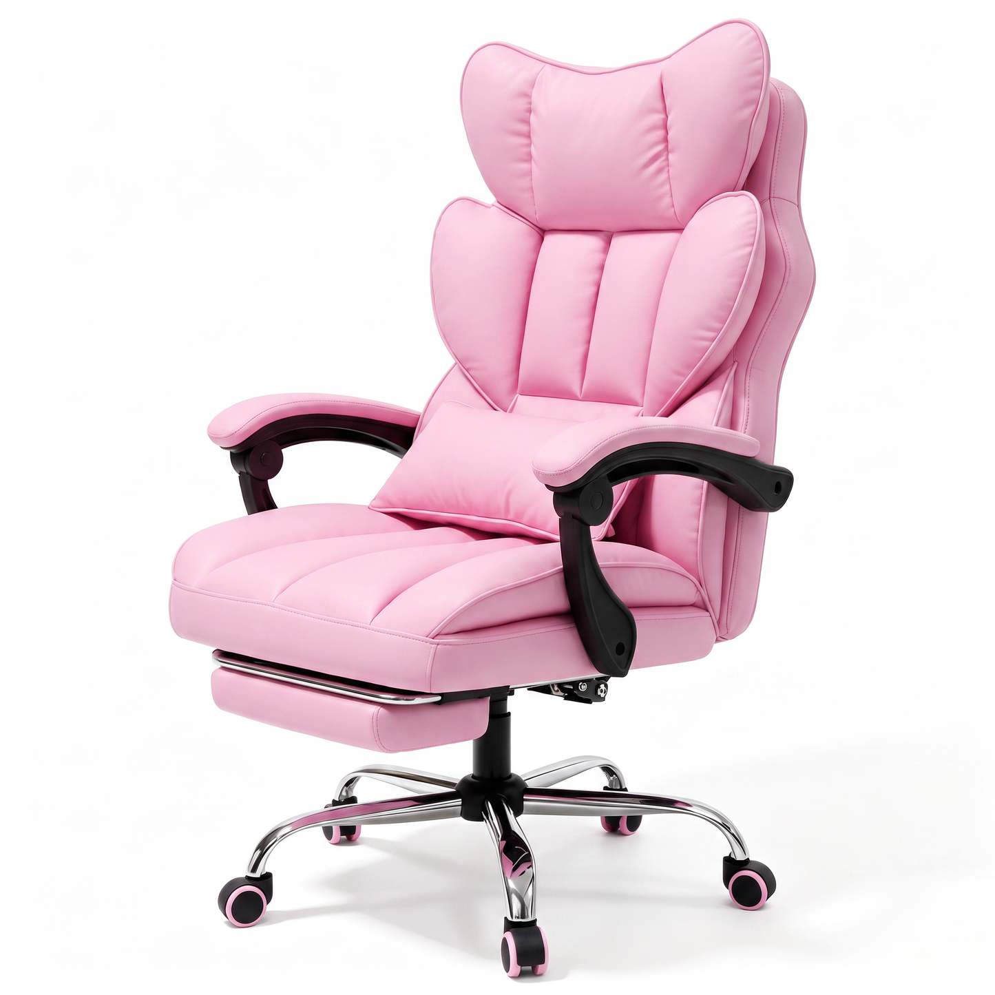 Mr IRONSTONE Chic Office Chair with Retractable Footrest, Ergonomic PU Leather Computer Desk Chair with Pocket Springs, Pink