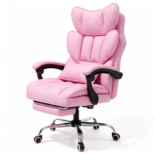 Mr IRONSTONE Chic Office Chair with Retractable Footrest, Ergonomic PU Leather Computer Desk Chair with Pocket Springs, Pink