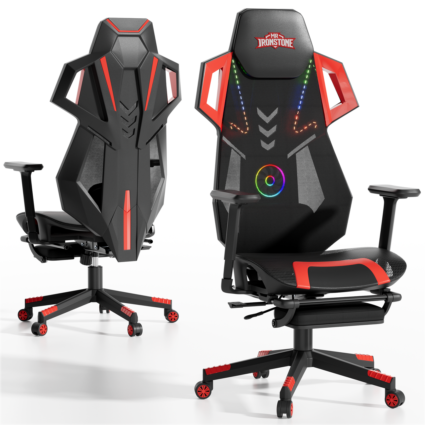 Mr IRONSTONE Mesh Gaming Chair with Bluetooth Speakers and Built-in Fan, RGB Ergonomic Computer Chair with Seat Sliding and Footrest, Black