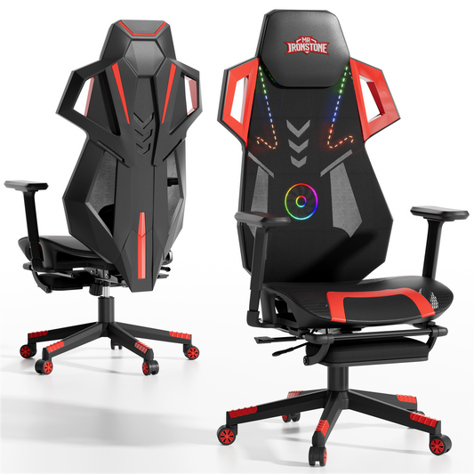 Mr IRONSTONE Mesh Gaming Chair with Bluetooth Speakers and Built-in Fan, RGB Ergonomic Computer Chair with Seat Sliding and Footrest, Black