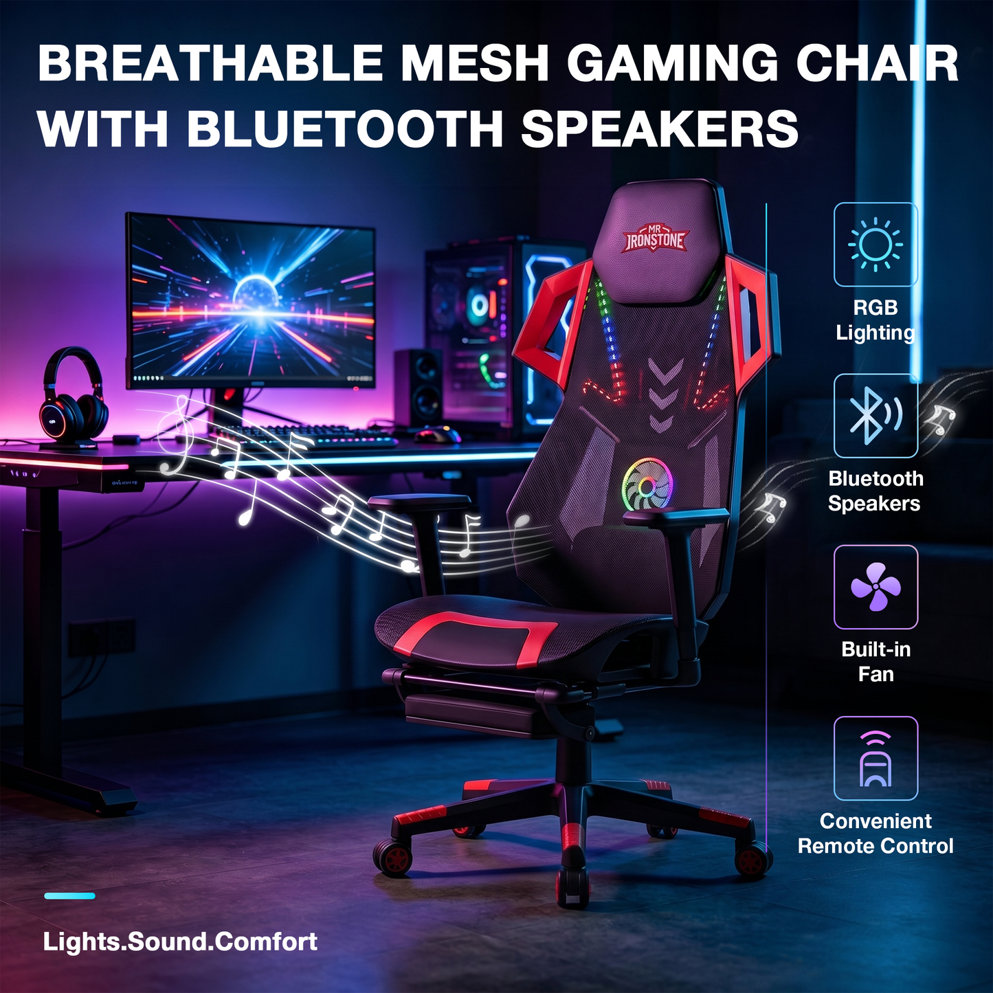 Mr IRONSTONE Mesh Gaming Chair with Bluetooth Speakers and Built-in Fan, RGB Ergonomic Computer Chair with Seat Sliding and Footrest, Black