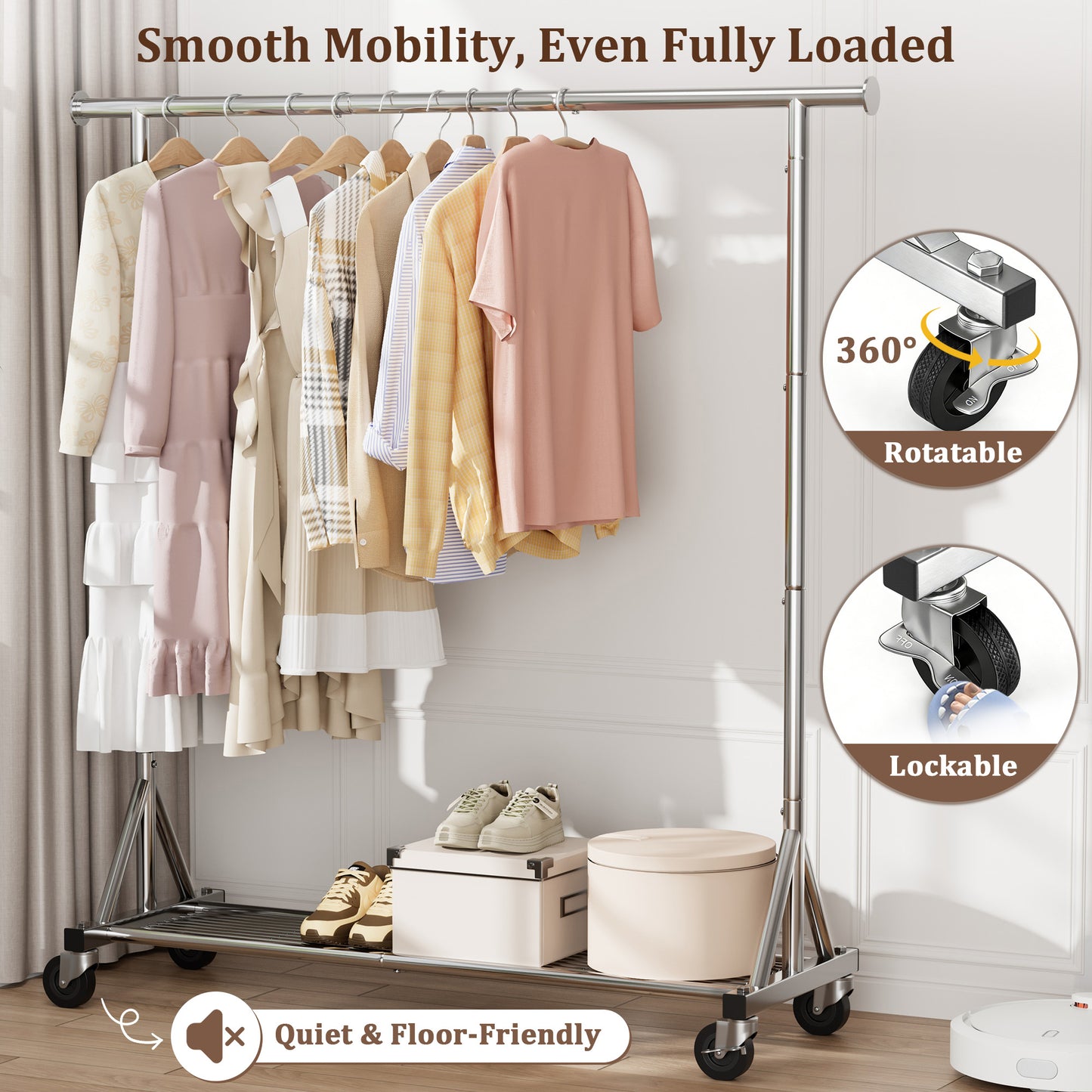 Mr IRONSTONE Heavy Duty Clothes Rack, Rolling Garment Rack with Lockable Wheels and Bottom Shelf, Metal Closet Organizer for Bedroom Laundry, Silver