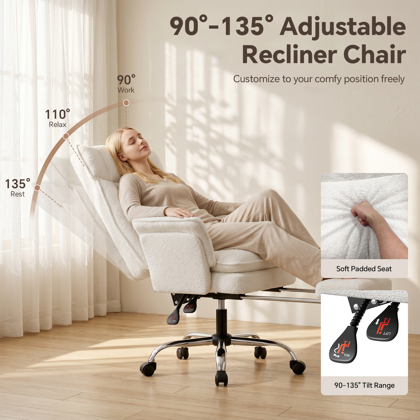 Mr IRONSTONE Ergonomic Reclining Office Chair with Footrest, High Back Teddy Fabric Computer Desk Chair, Wide Seat for Cross Legged, White