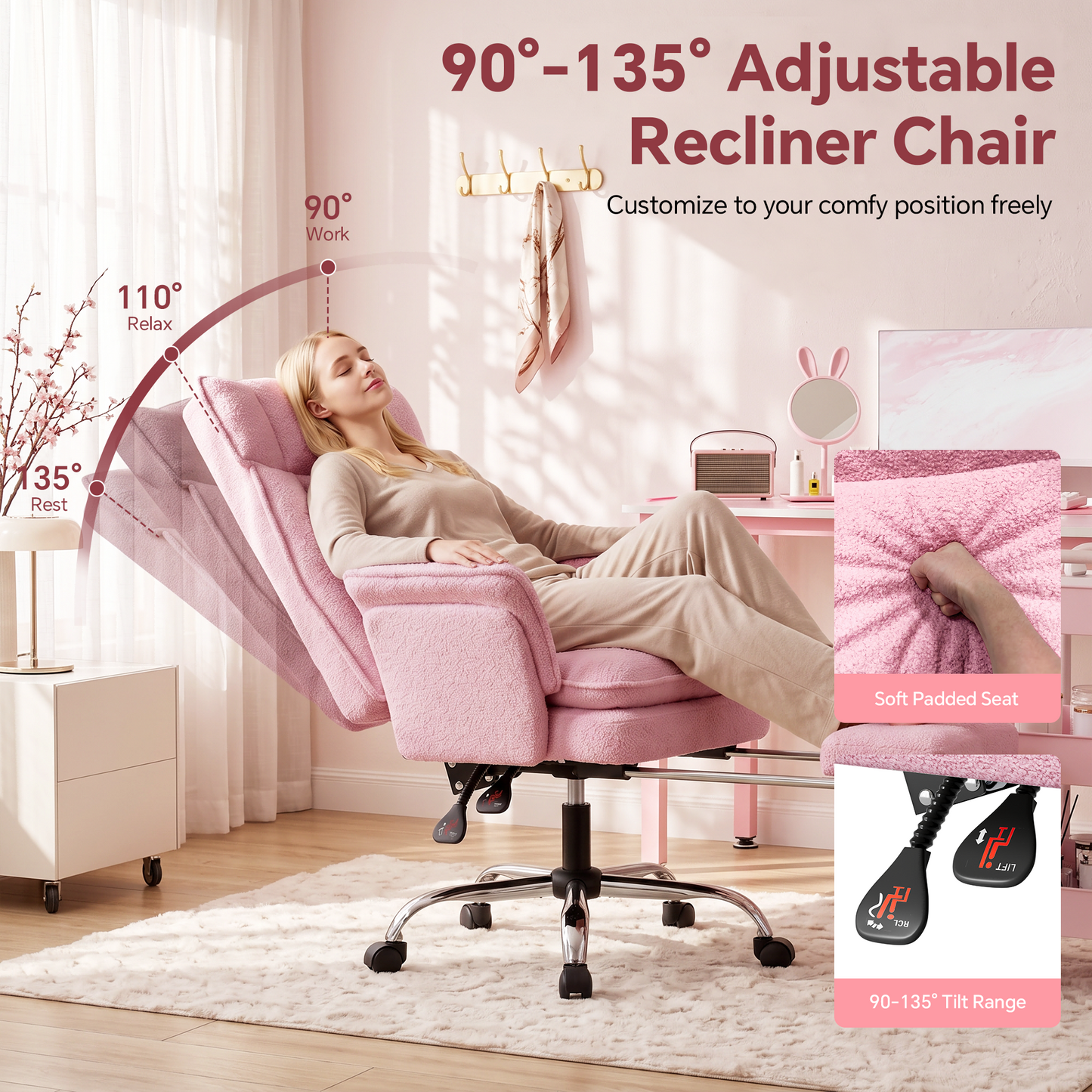 Mr IRONSTONE High Back Reclining Office Chair, Plush Teddy Fabric Desk Chair with Pull-Out Footrest and Flip-Up Arms for Home Office, Pink