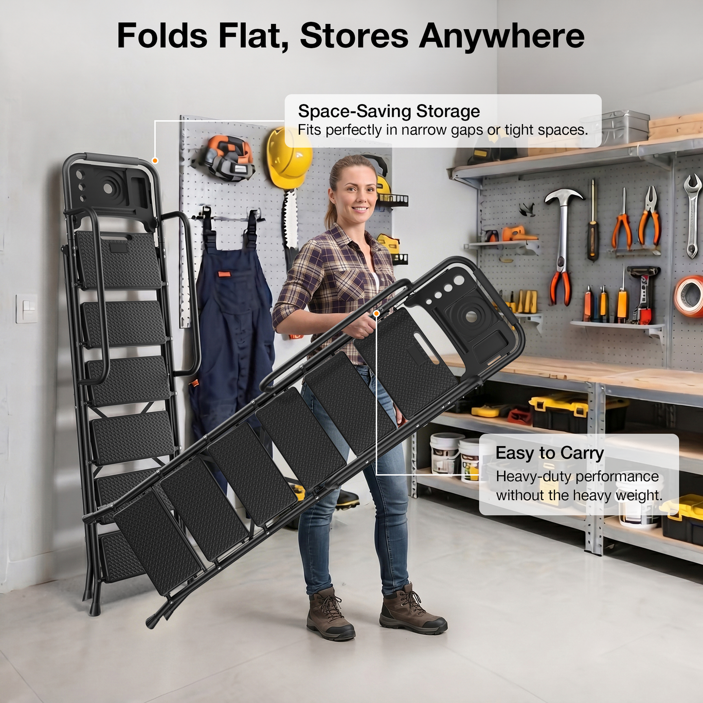 JOZ 6 Step Ladder for Adults, 800lbs Heavy Duty Folding Ladder with Tool Tray, Upgraded Non Slip Handrails and Anti Slip Pedal for Home Office Garage, Black