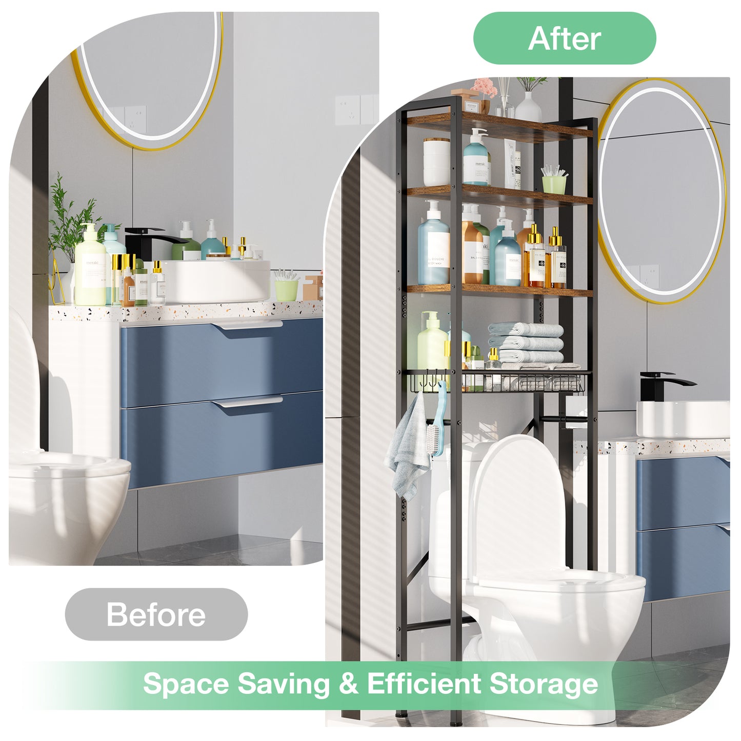 Mr IRONSTONE Over The Toilet Storage Shelf, 4-Tier Wooden Bathroom Organizer Adjustable Saver Space Rack with Toilet Paper Holder, Vintage Brown