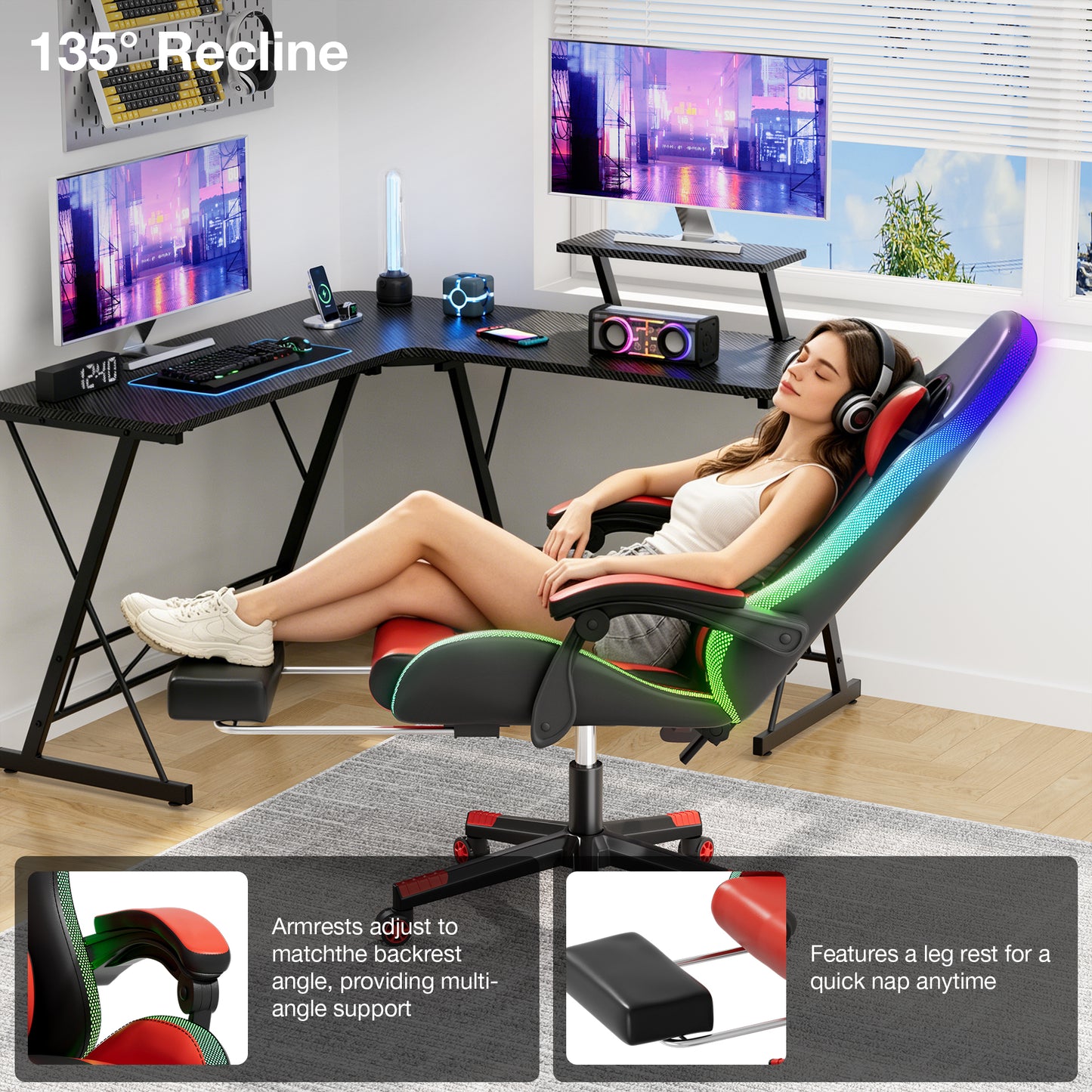 Mr IRONSTONE RGB Gaming Chair with Footrest, Ergonomic Computer Desk Chair with Lumbar Support and Adjustable LED Lights, 135° Reclining, Red