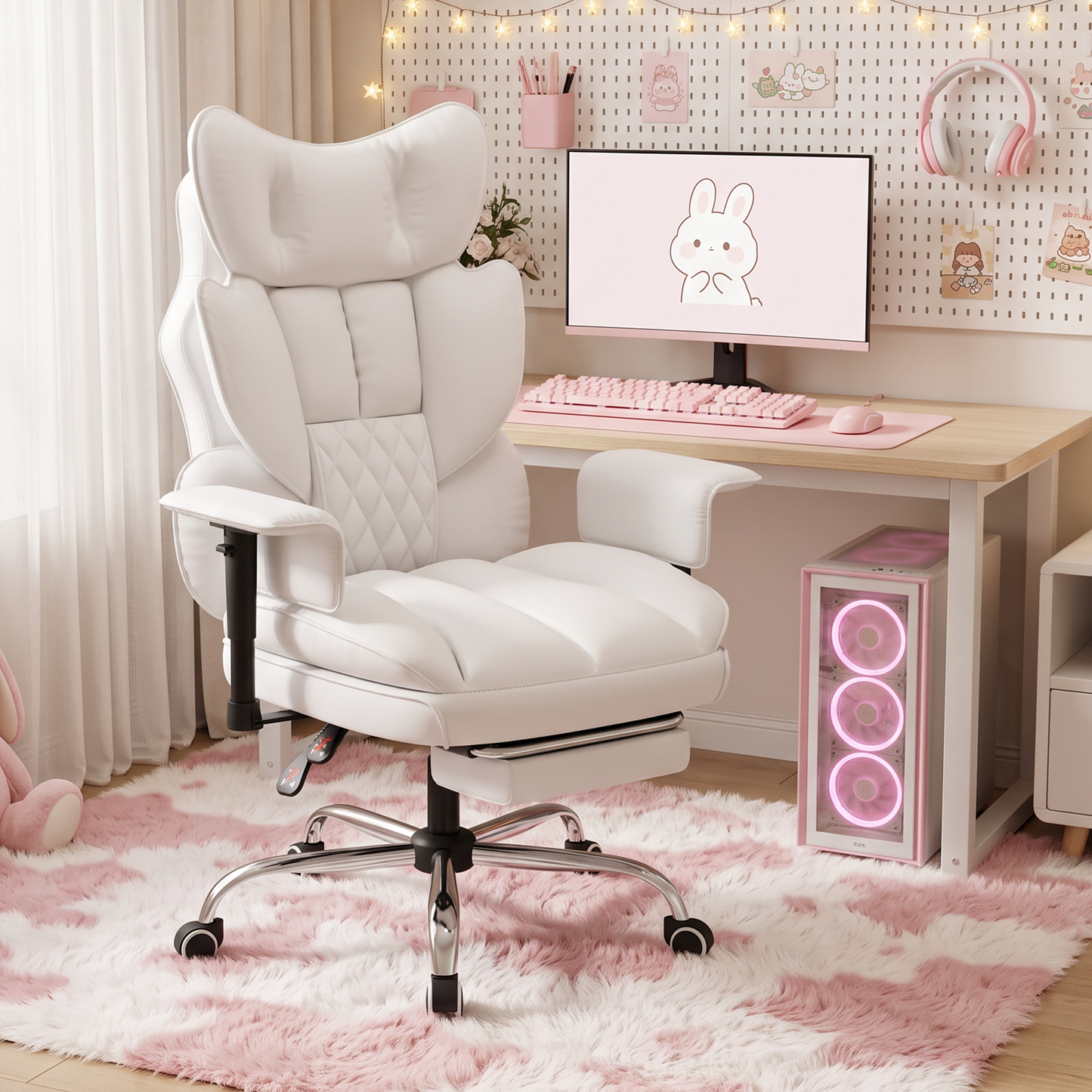 Mr IRONSTONE Ergonomic Home Office Chair, Ultra Soft PU Leather Desk Chair with Deep Wide Seat for Cross Legged Sitting, White