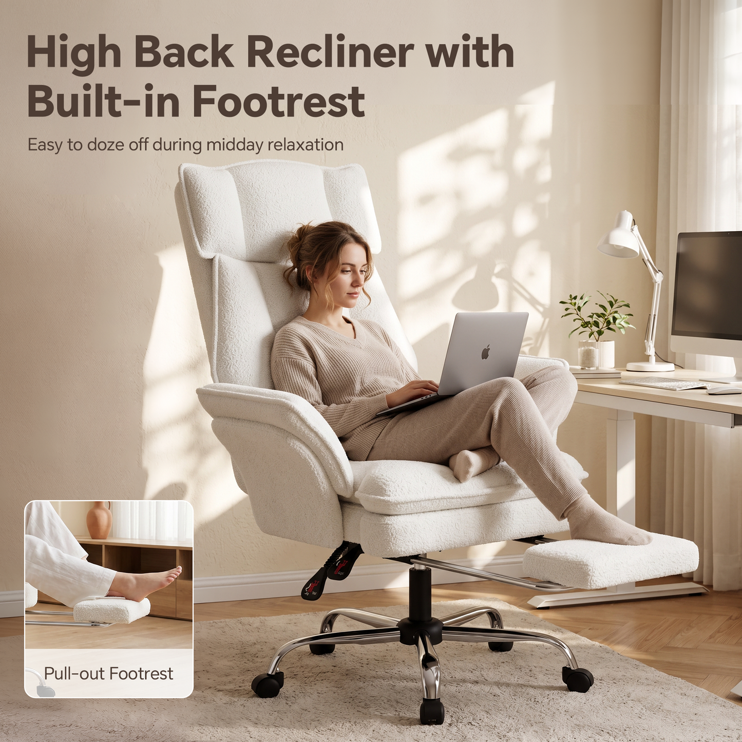 Mr IRONSTONE Ergonomic Reclining Office Chair with Footrest, High Back Teddy Fabric Computer Desk Chair, Wide Seat for Cross Legged, White