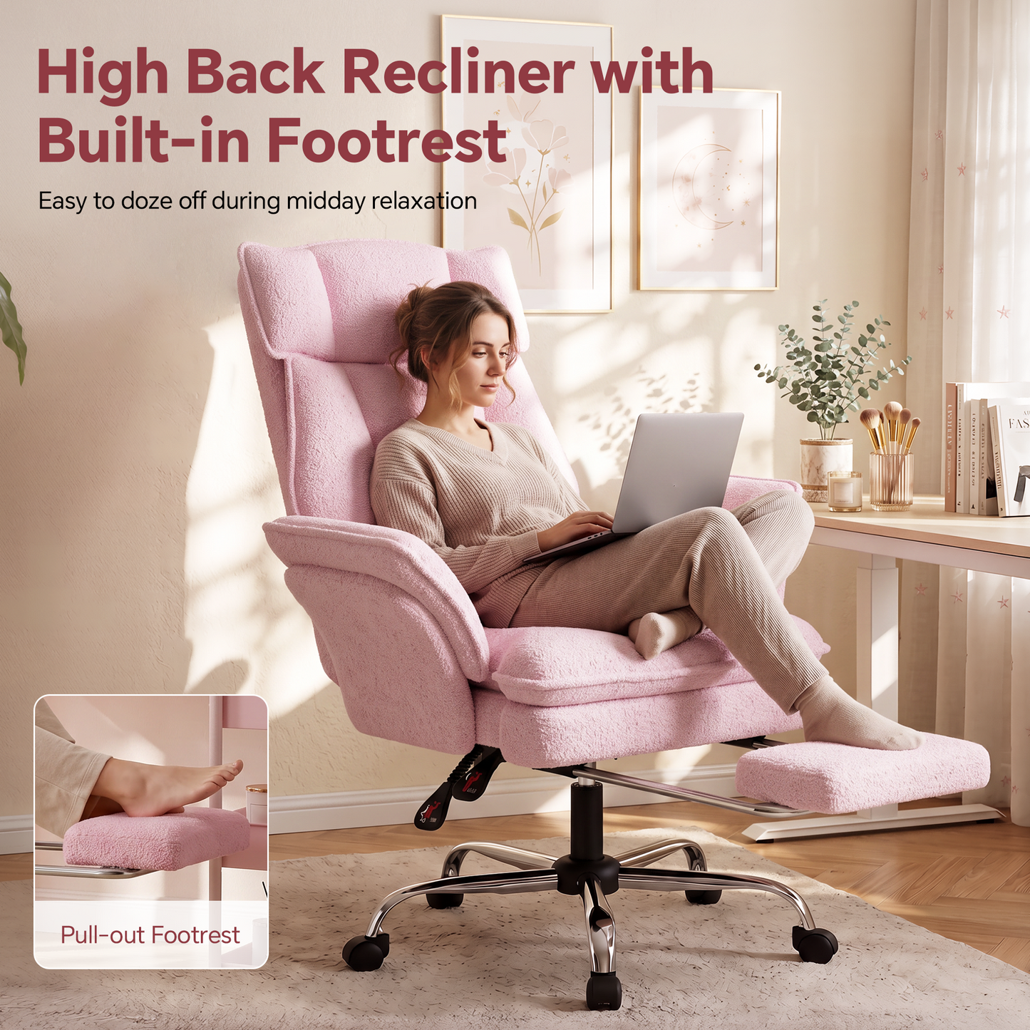 Mr IRONSTONE High Back Reclining Office Chair, Plush Teddy Fabric Desk Chair with Pull-Out Footrest and Flip-Up Arms for Home Office, Pink