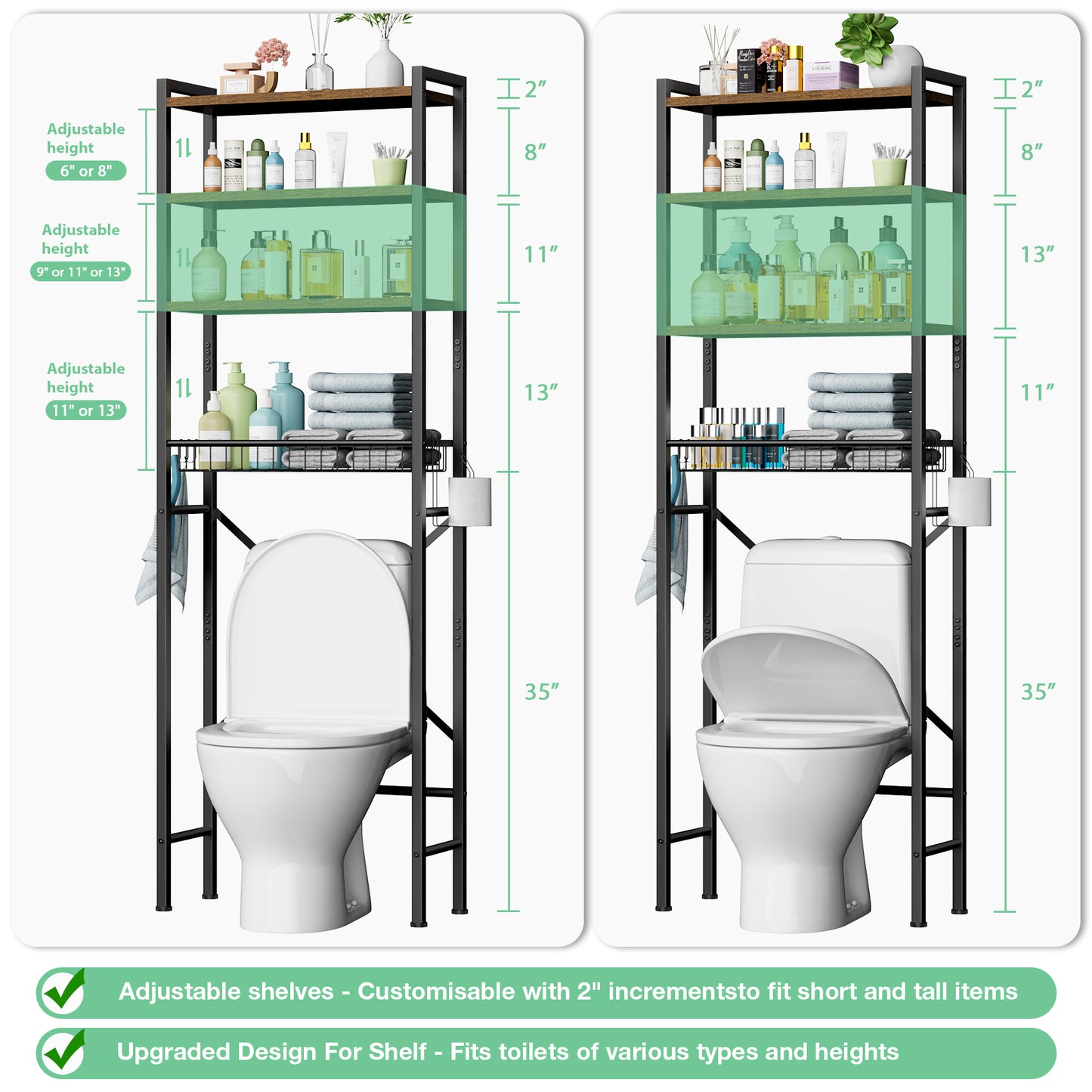 Mr IRONSTONE Over The Toilet Storage Shelf, 4-Tier Wooden Bathroom Organizer Adjustable Saver Space Rack with Toilet Paper Holder, Vintage Brown