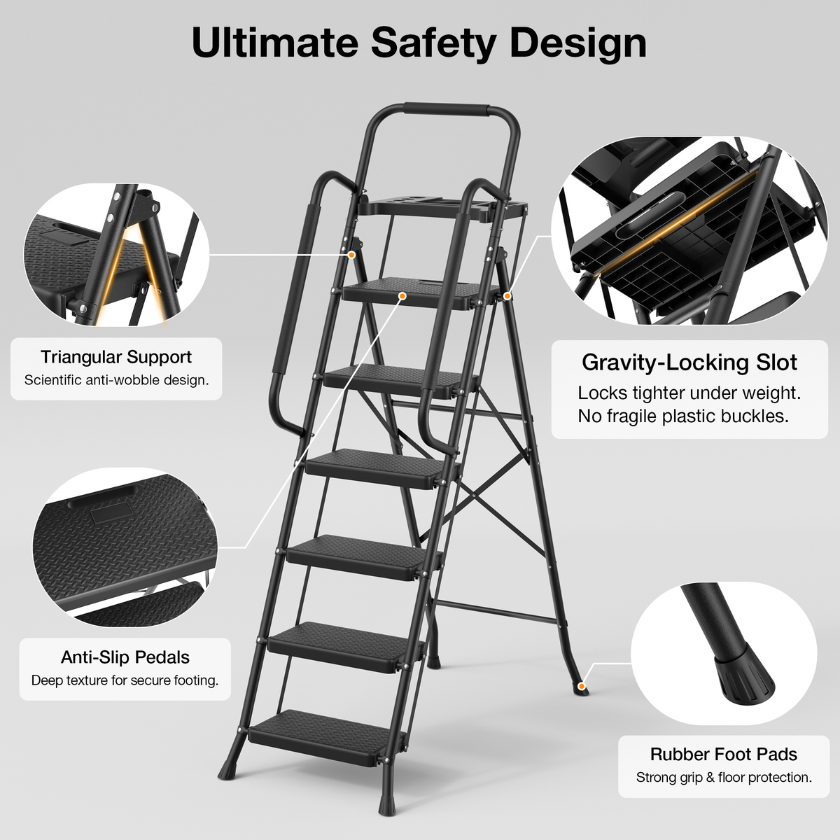 Mr IRONSTONE 6 Step Ladder for Adults, 800lbs Heavy Duty Folding Ladder with Tool Tray, Upgraded Non Slip Handrails and Anti Slip Pedal for Home Office Garage, Black