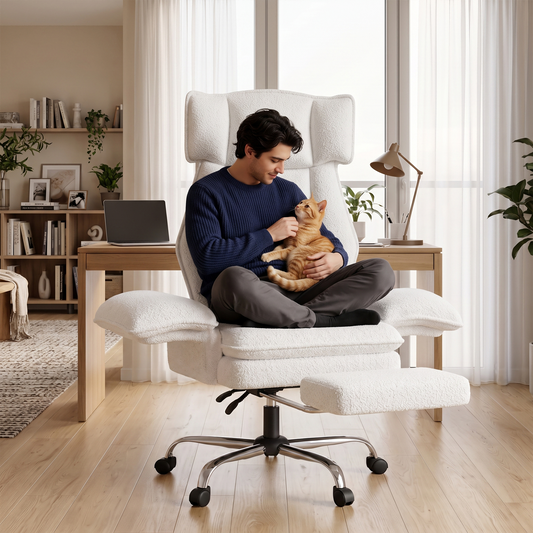 Mr IRONSTONE Ergonomic Reclining Office Chair with Footrest, High Back Teddy Fabric Computer Desk Chair, Wide Seat for Cross Legged, White