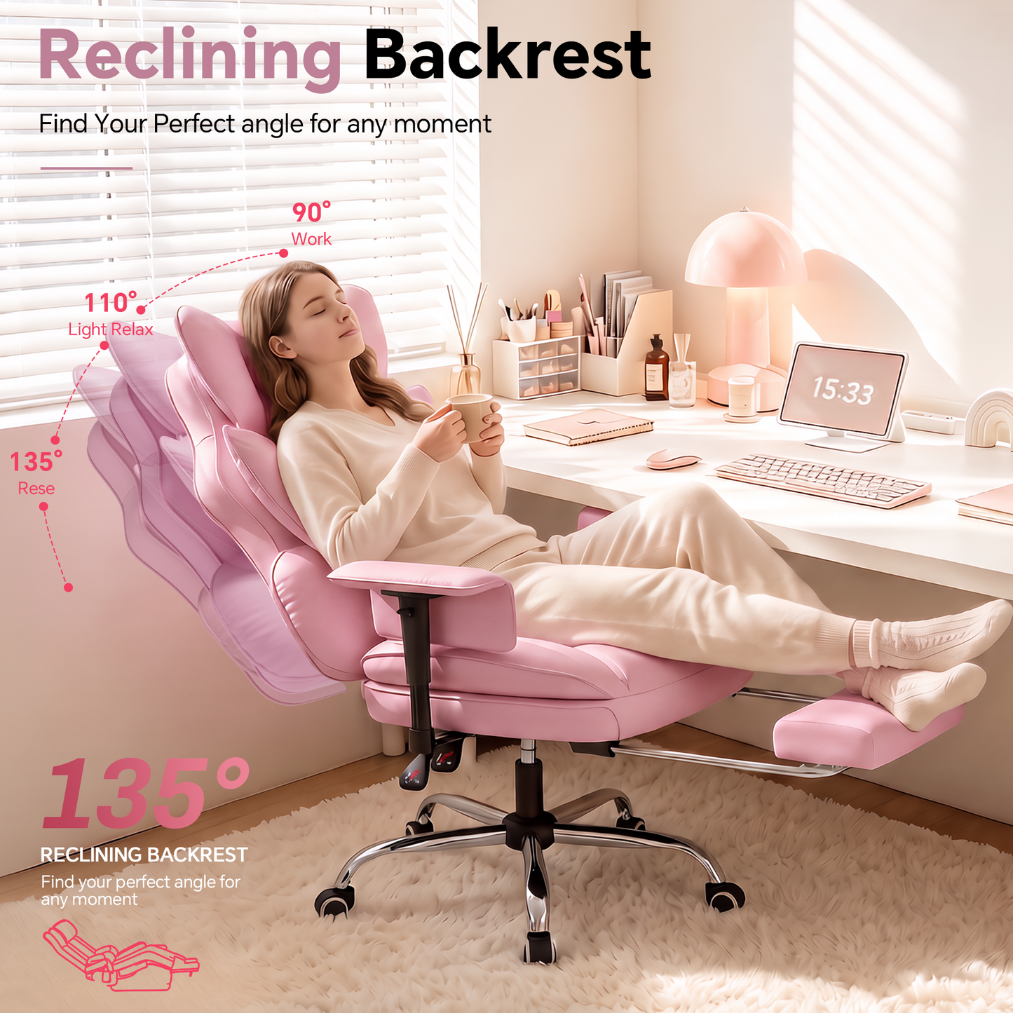 Mr IRONSTONE High Back Computer Desk Chair, Cute PU Leather Gaming Chair with Adjustable Armrests and Retractable Footrest, Pink