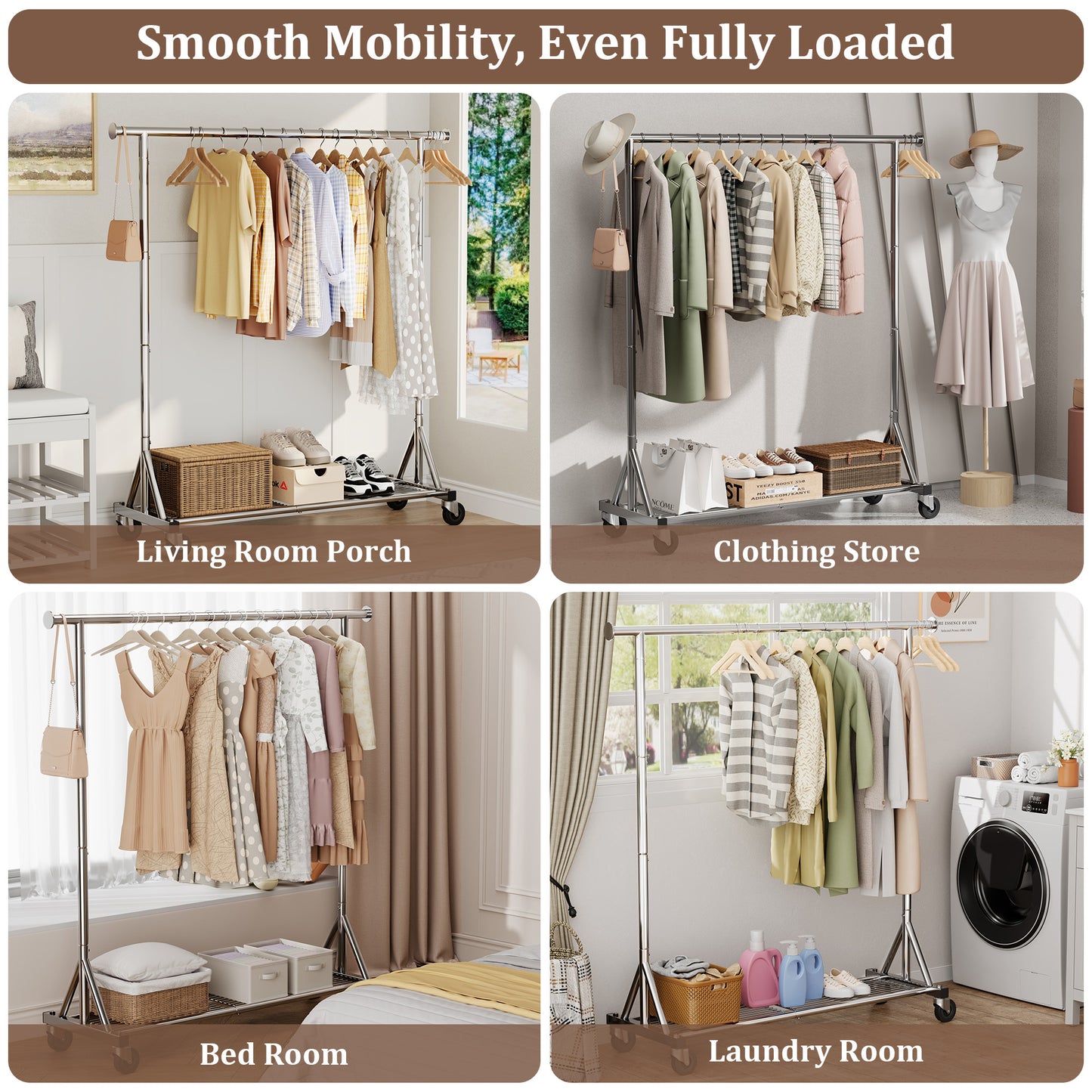 Mr IRONSTONE Heavy Duty Clothes Rack, Rolling Garment Rack with Lockable Wheels and Bottom Shelf, Metal Closet Organizer for Bedroom Laundry, Silver