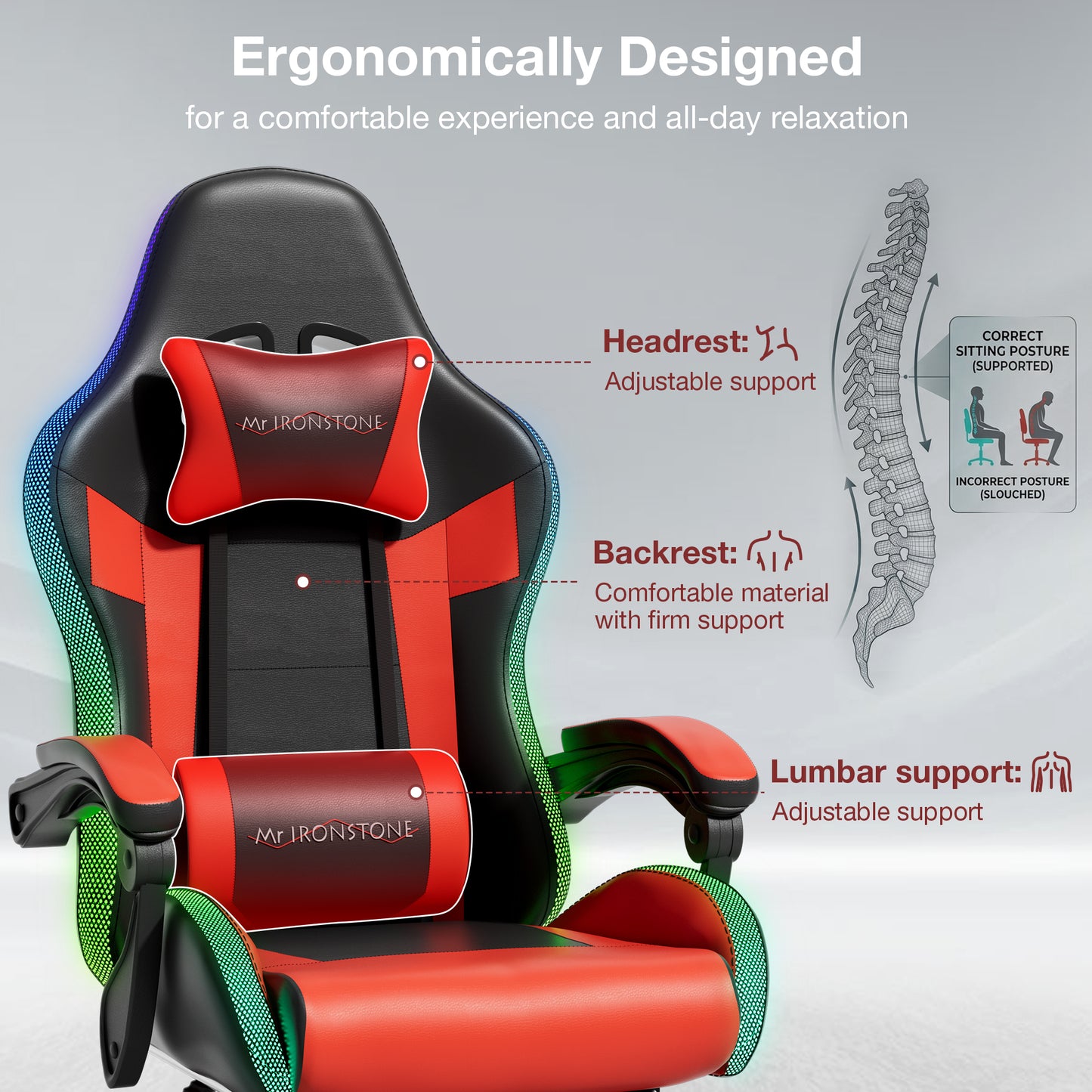 Mr IRONSTONE RGB Gaming Chair with Footrest, Ergonomic Computer Desk Chair with Lumbar Support and Adjustable LED Lights, 135° Reclining, Red