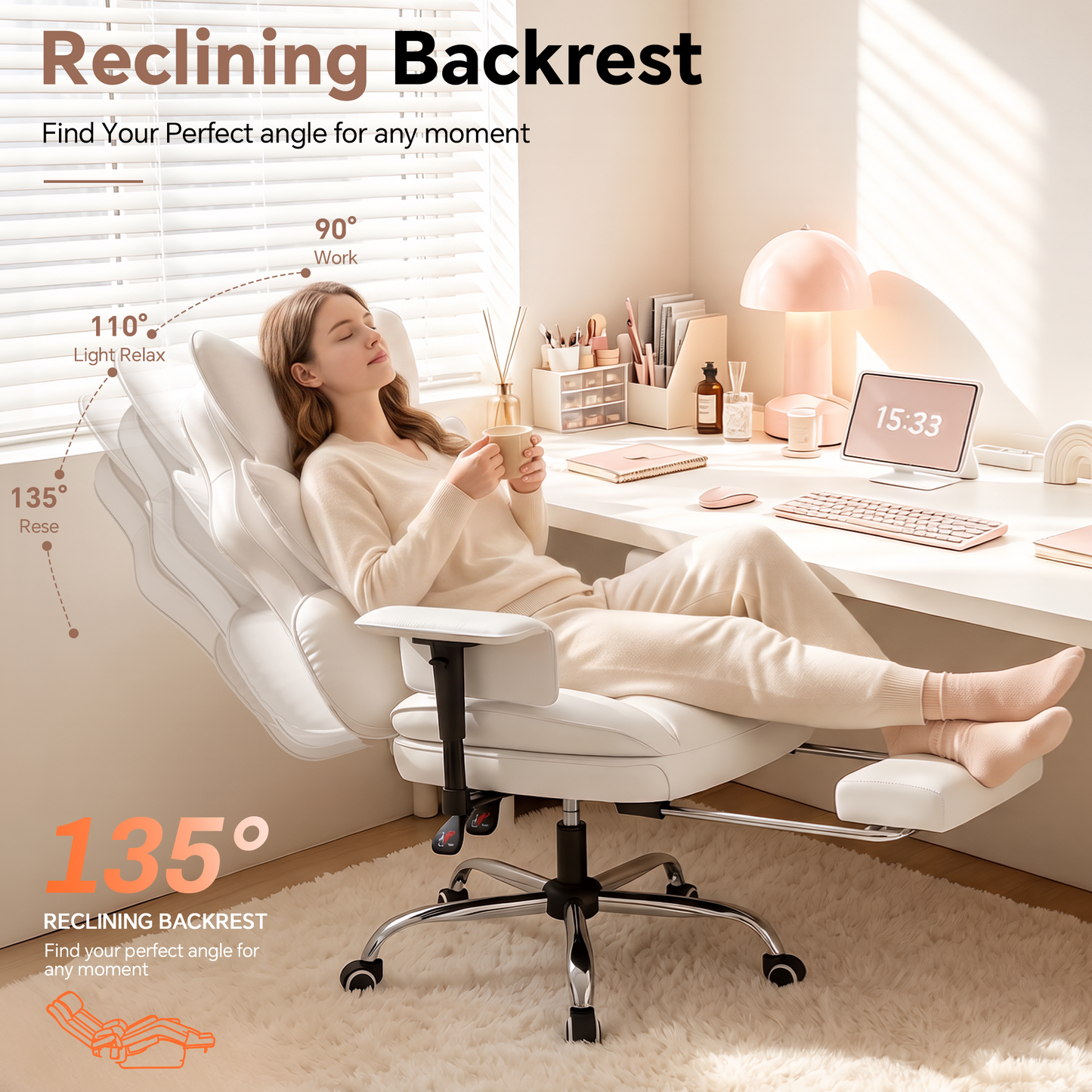 Mr IRONSTONE Ergonomic Home Office Chair, Ultra Soft PU Leather Desk Chair with Deep Wide Seat for Cross Legged Sitting, White