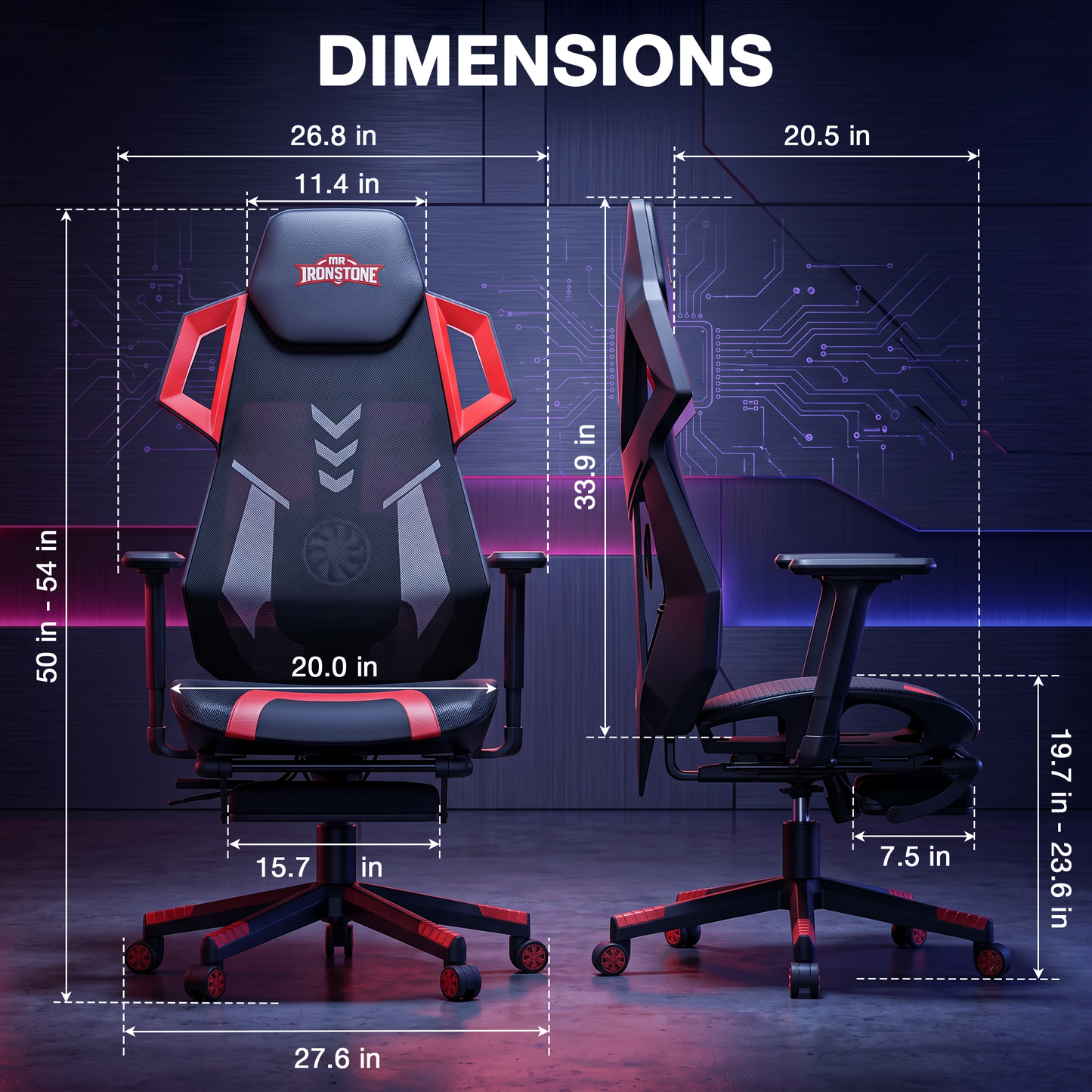 Mr IRONSTONE Mesh Gaming Chair with Bluetooth Speakers and Built-in Fan, RGB Ergonomic Computer Chair with Seat Sliding and Footrest, Black