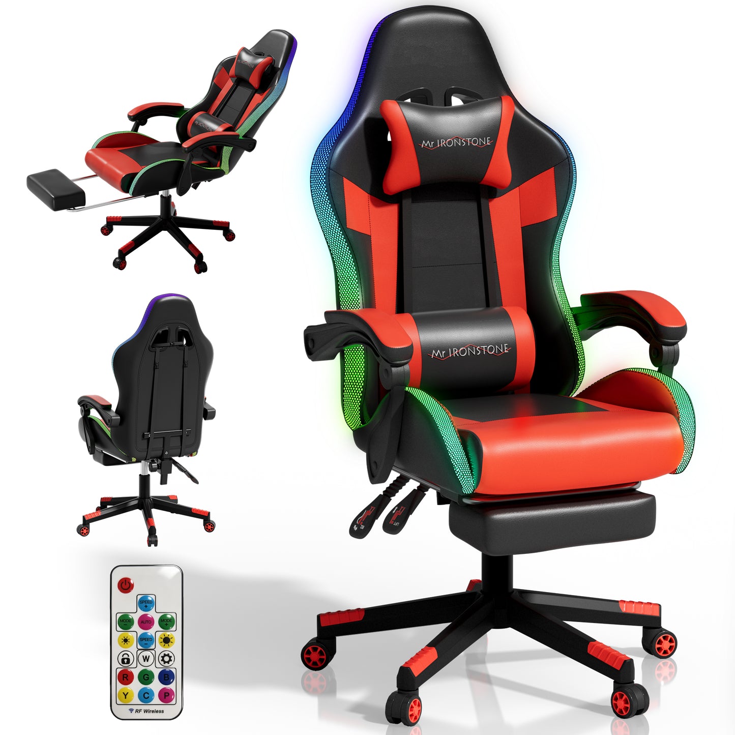 Mr IRONSTONE RGB Gaming Chair with Footrest, Ergonomic Computer Desk Chair with Lumbar Support and Adjustable LED Lights, 135° Reclining, Red