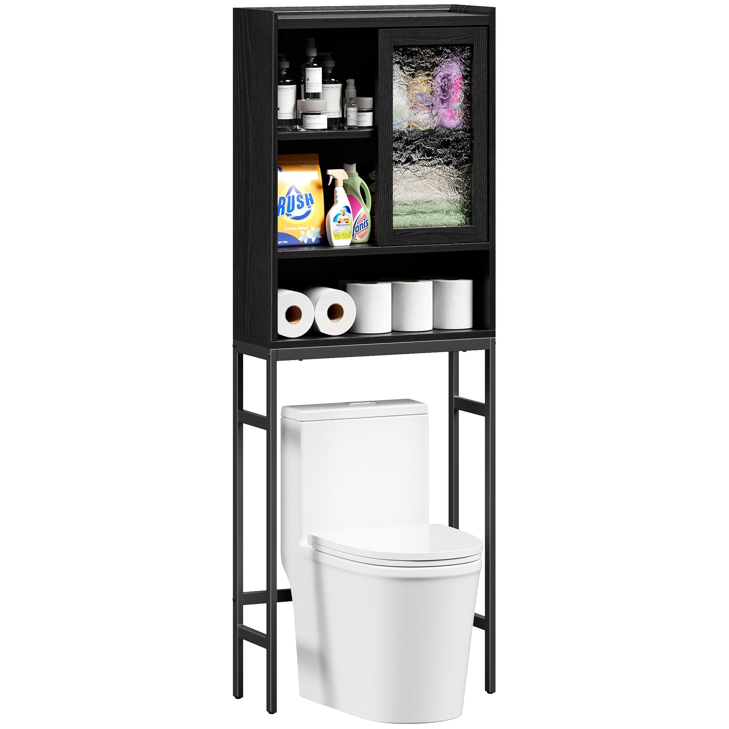 Mr IRONSTONE Over The Toilet Storage Cabinet, Bathroom Space Saver w/Adjustable Shelf & Rack, Black