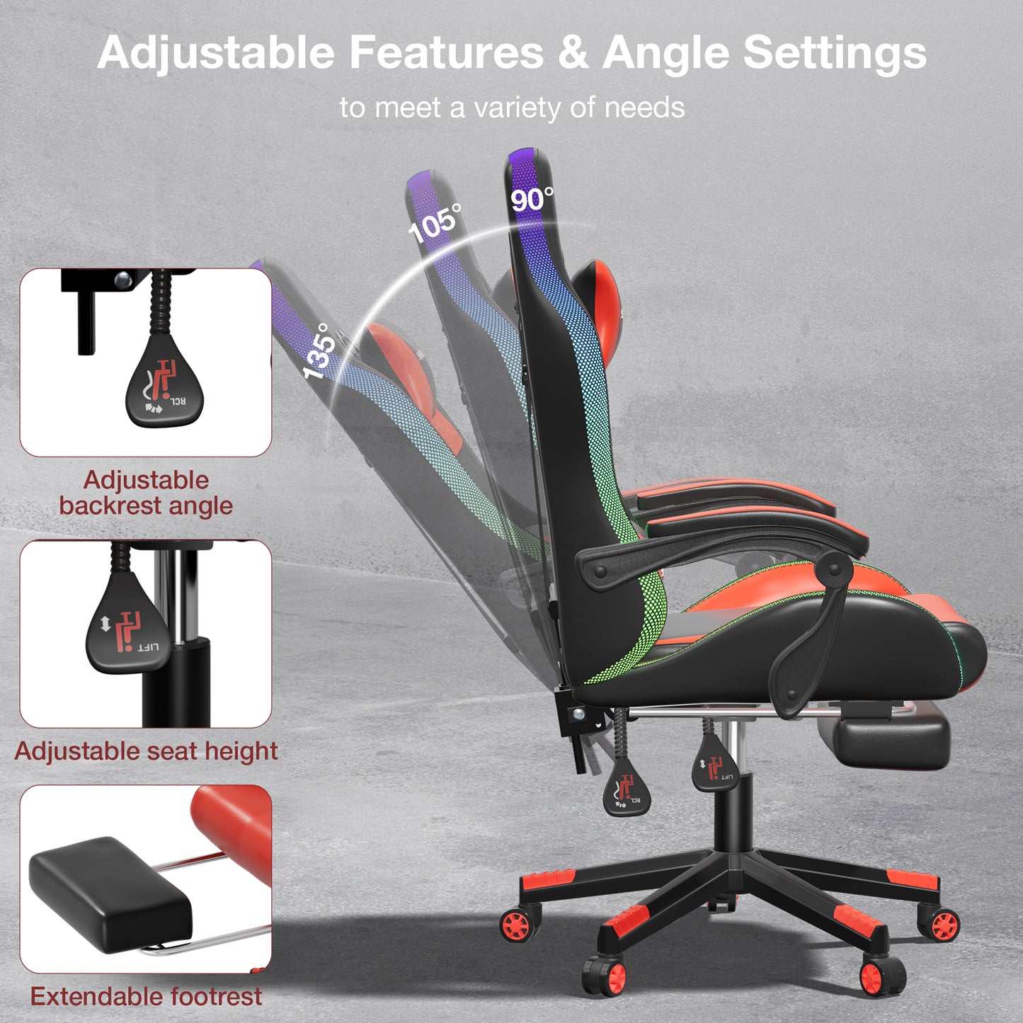 Mr IRONSTONE RGB Gaming Chair with Footrest, Ergonomic Computer Desk Chair with Lumbar Support and Adjustable LED Lights, 135° Reclining, Red