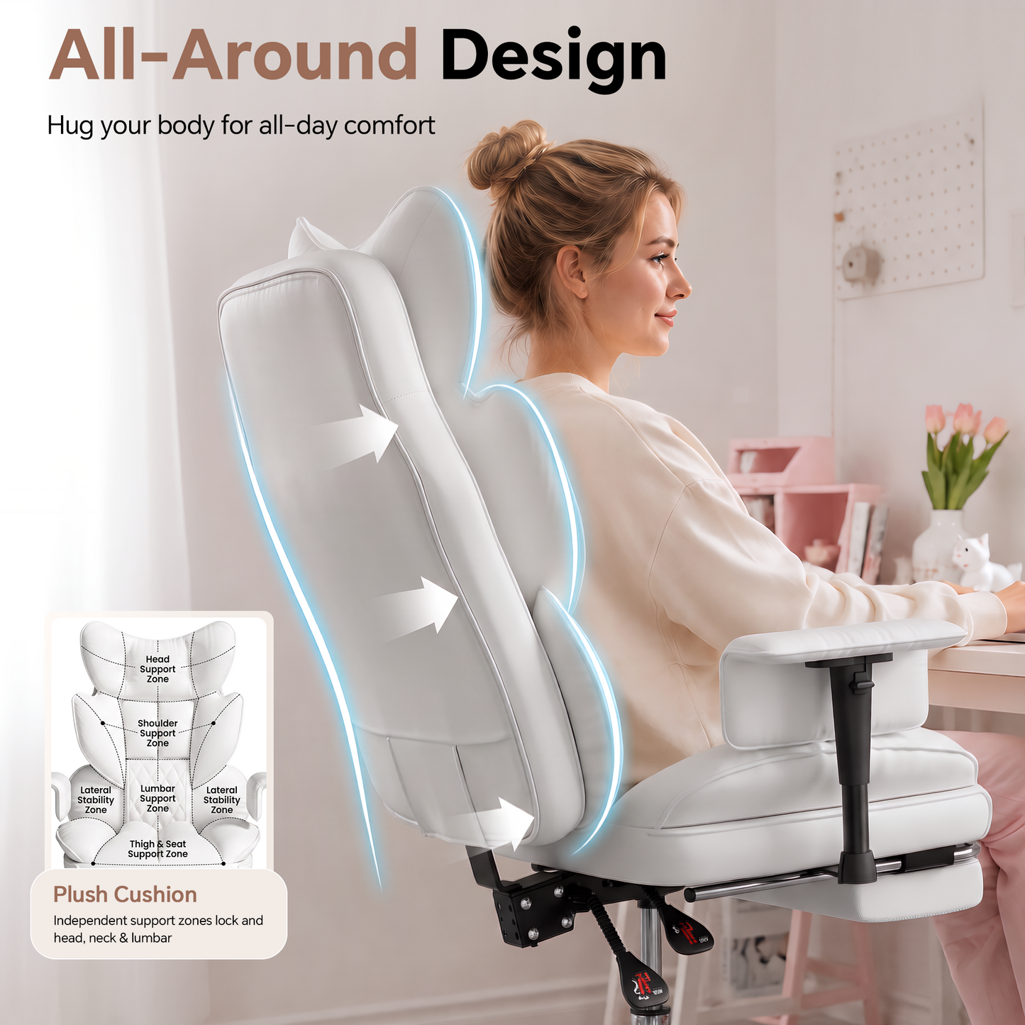 Mr IRONSTONE Ergonomic Home Office Chair, Ultra Soft PU Leather Desk Chair with Deep Wide Seat for Cross Legged Sitting, White