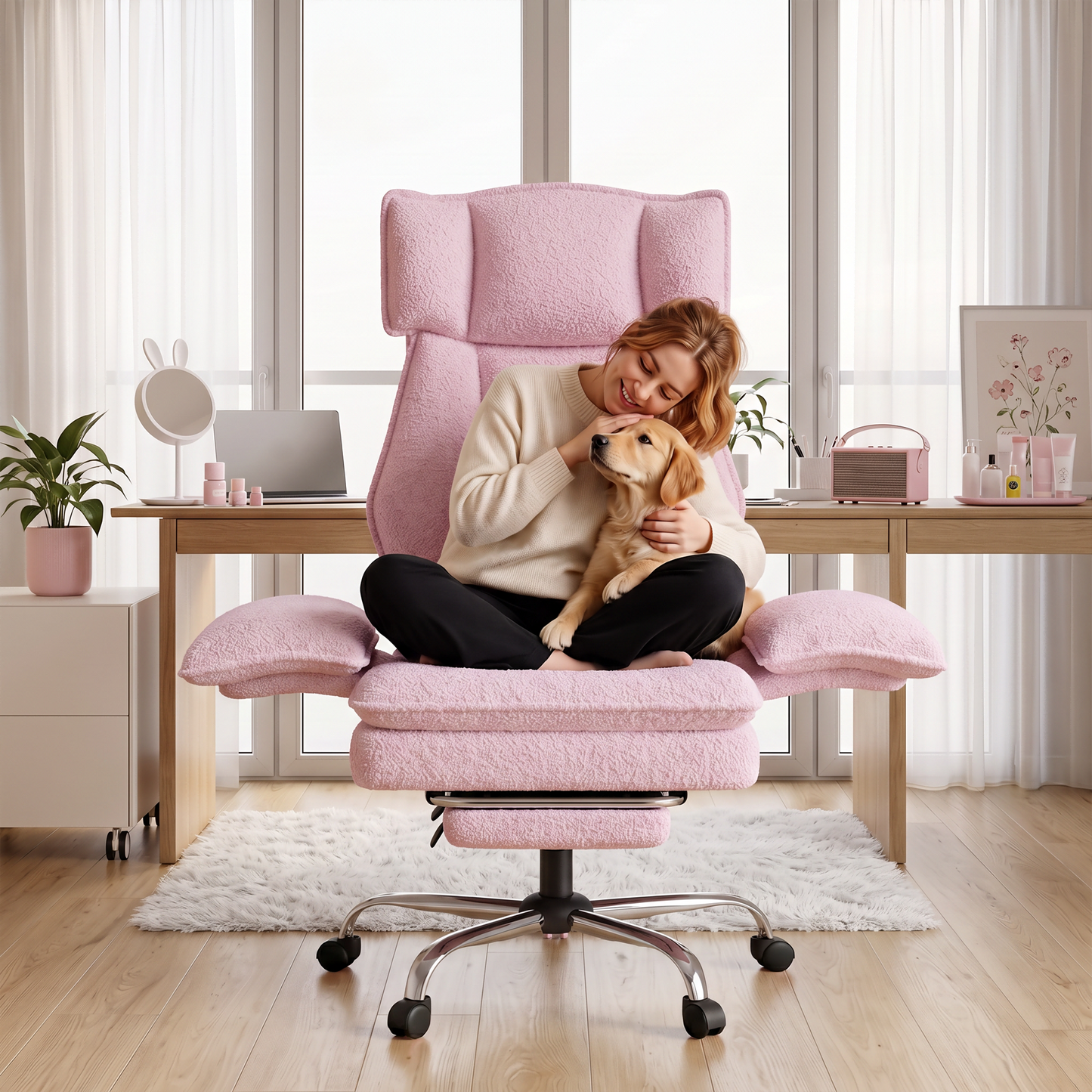 Mr IRONSTONE High Back Reclining Office Chair, Plush Teddy Fabric Desk Chair with Pull-Out Footrest and Flip-Up Arms for Home Office, Pink