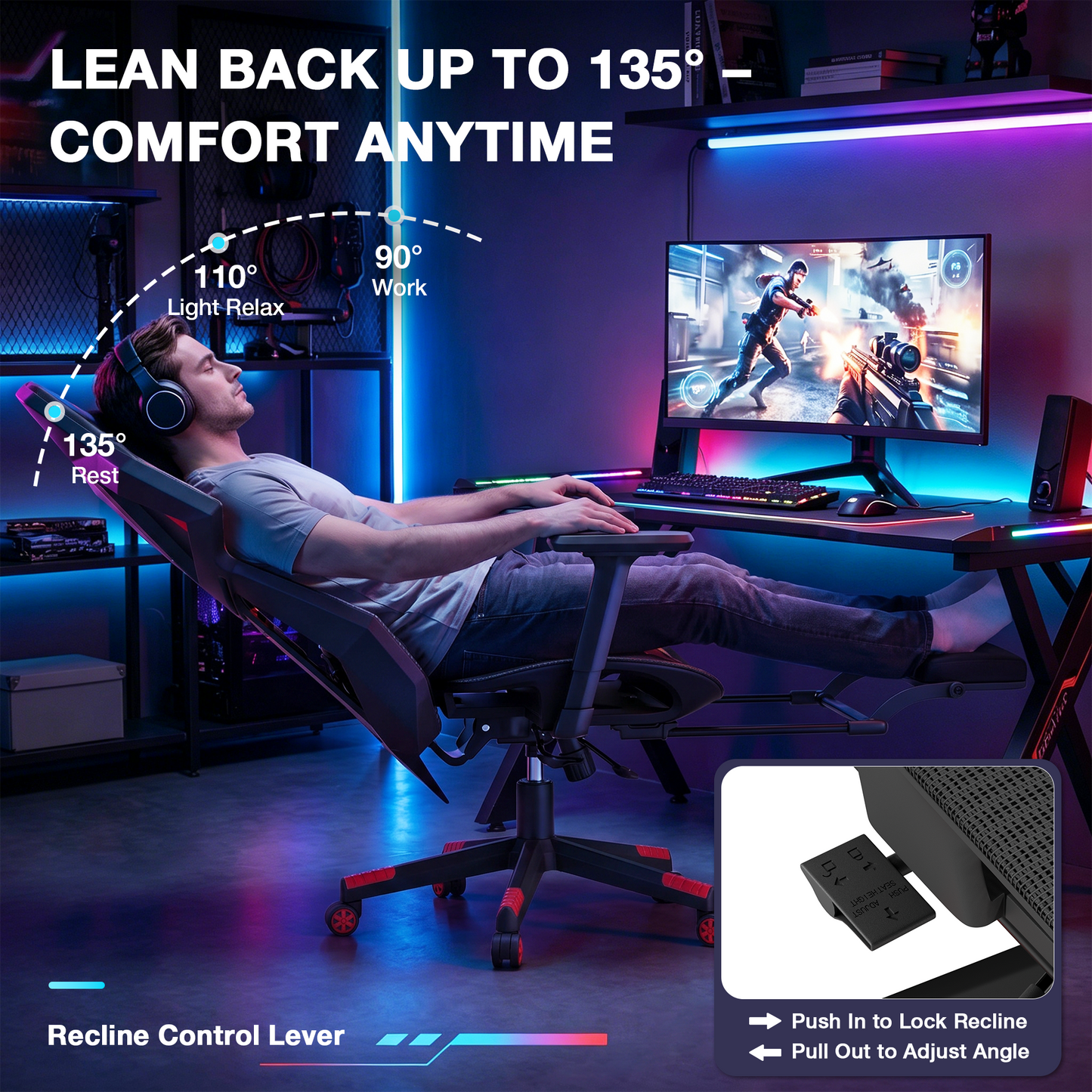 Mr IRONSTONE Mesh Gaming Chair with Bluetooth Speakers and Built-in Fan, RGB Ergonomic Computer Chair with Seat Sliding and Footrest, Black