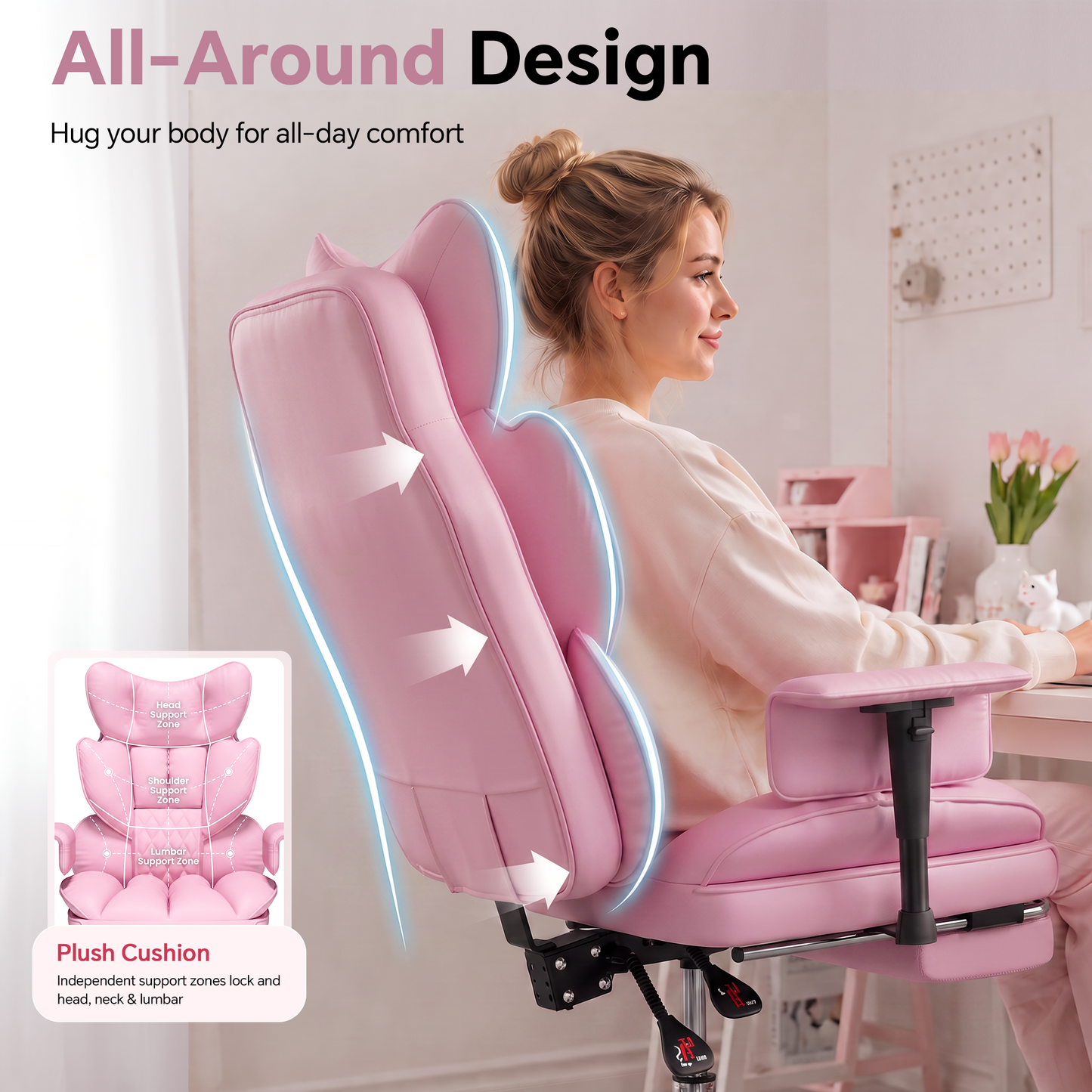 Mr IRONSTONE High Back Computer Desk Chair, Cute PU Leather Gaming Chair with Adjustable Armrests and Retractable Footrest, Pink