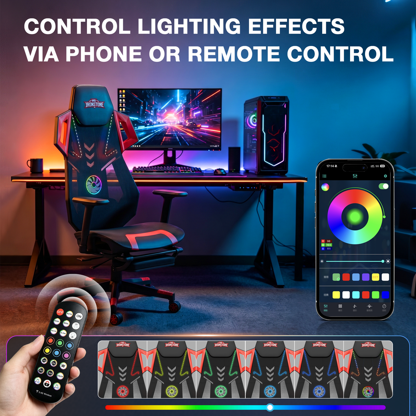 Mr IRONSTONE Mesh Gaming Chair with Bluetooth Speakers and Built-in Fan, RGB Ergonomic Computer Chair with Seat Sliding and Footrest, Black