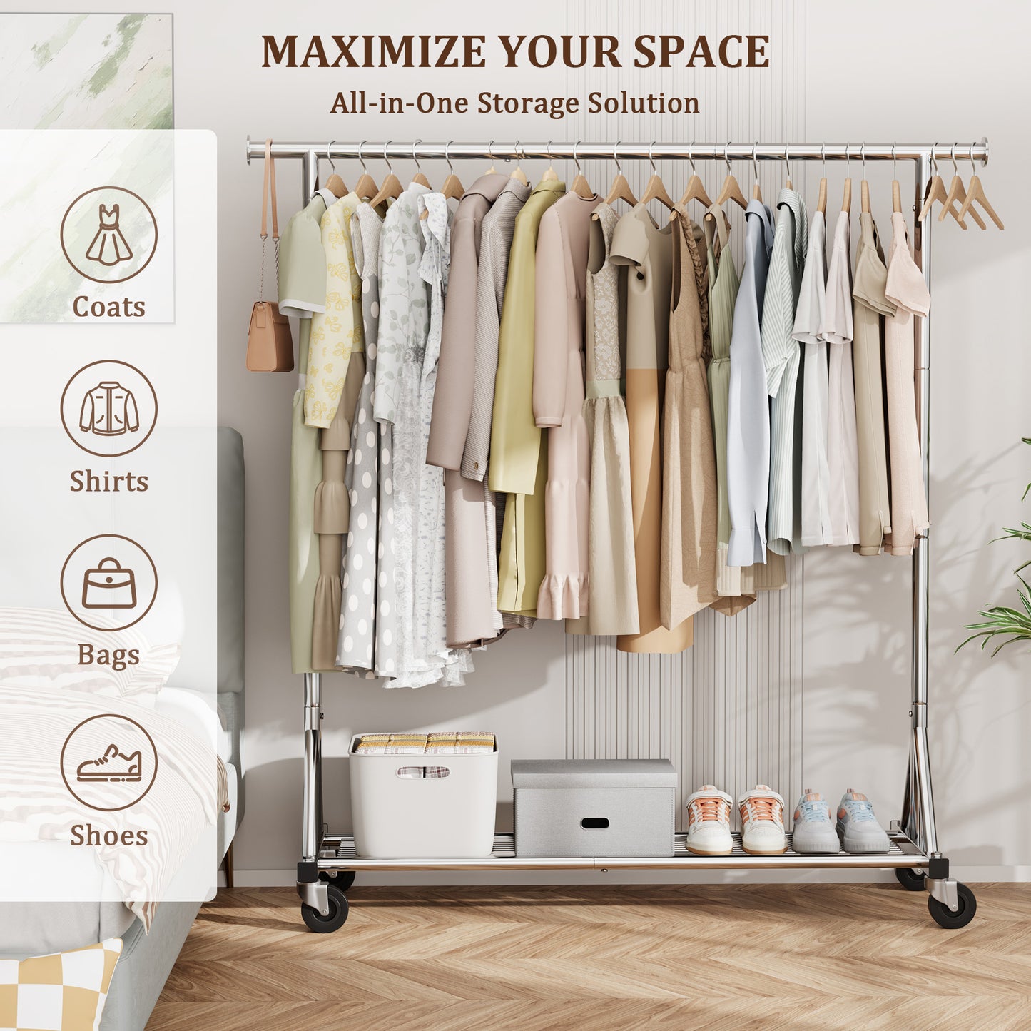 Mr IRONSTONE Heavy Duty Clothes Rack, Rolling Garment Rack with Lockable Wheels and Bottom Shelf, Metal Closet Organizer for Bedroom Laundry, Silver