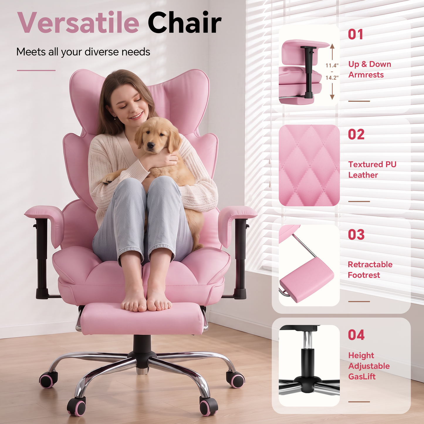 Mr IRONSTONE High Back Computer Desk Chair, Cute PU Leather Gaming Chair with Adjustable Armrests and Retractable Footrest, Pink