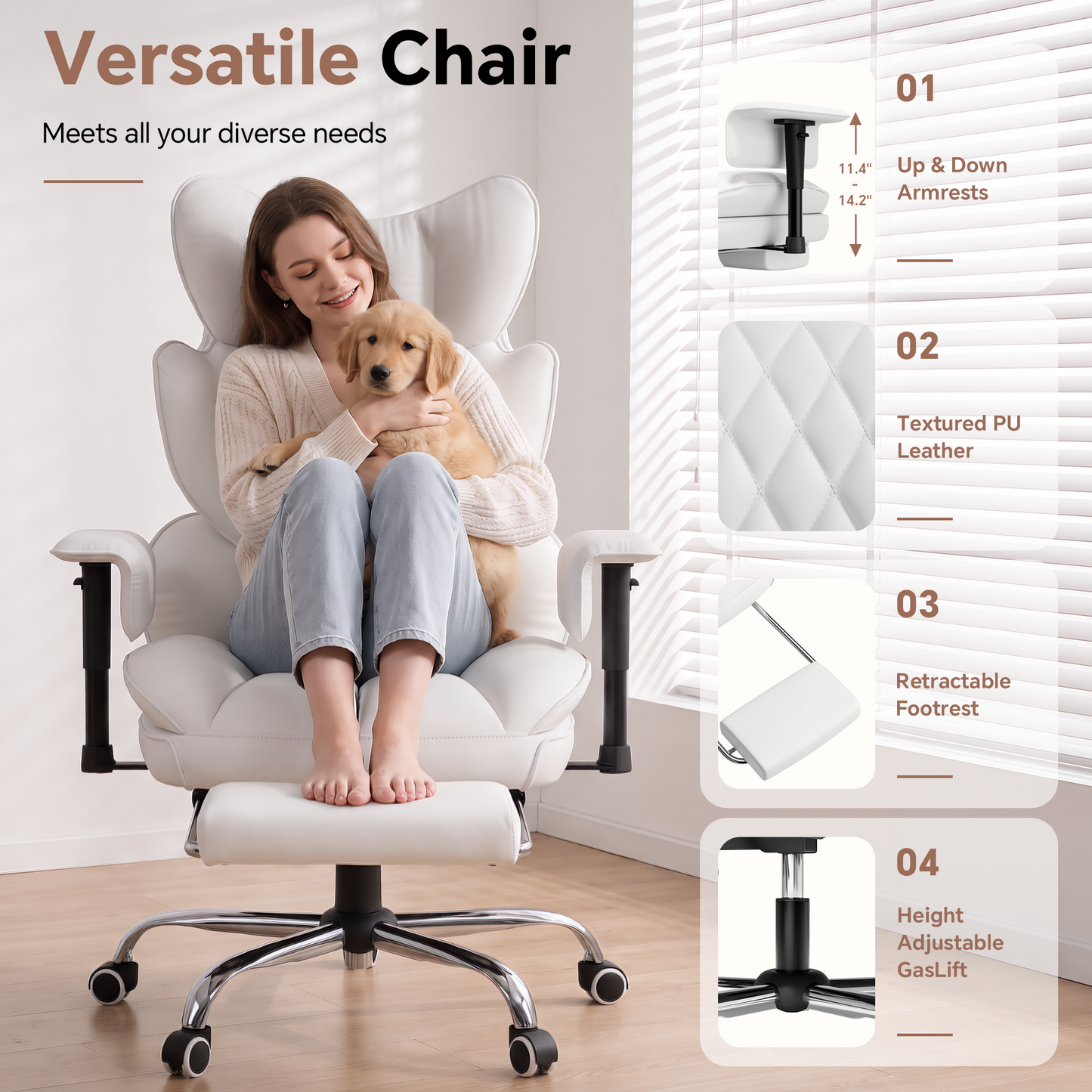Mr IRONSTONE Ergonomic Home Office Chair, Ultra Soft PU Leather Desk Chair with Deep Wide Seat for Cross Legged Sitting, White