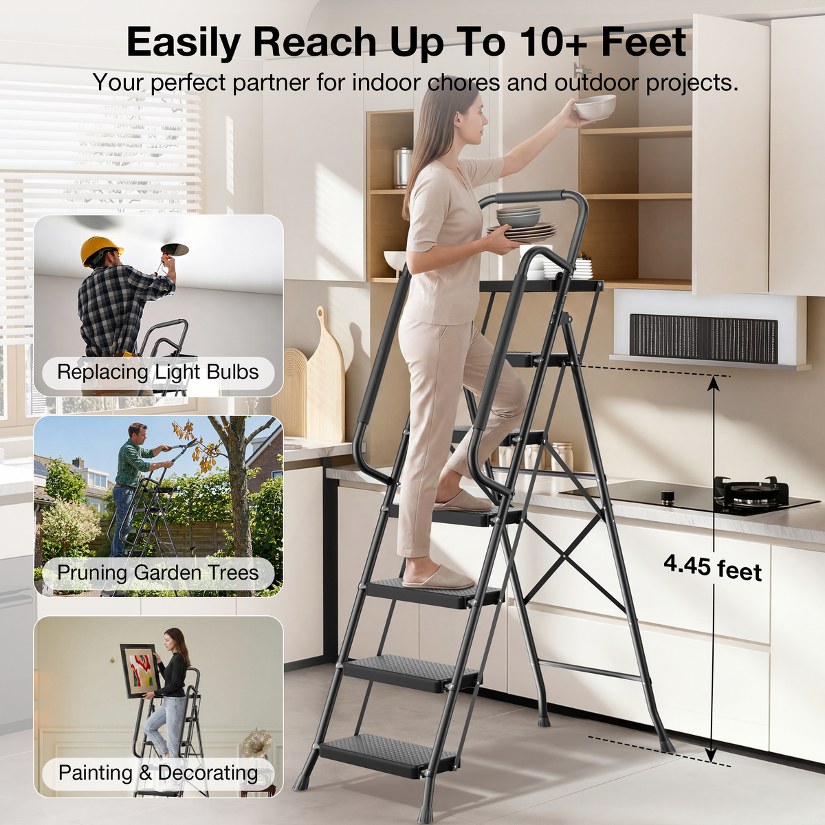 Mr IRONSTONE 6 Step Ladder for Adults, 800lbs Heavy Duty Folding Ladder with Tool Tray, Upgraded Non Slip Handrails and Anti Slip Pedal for Home Office Garage, Black