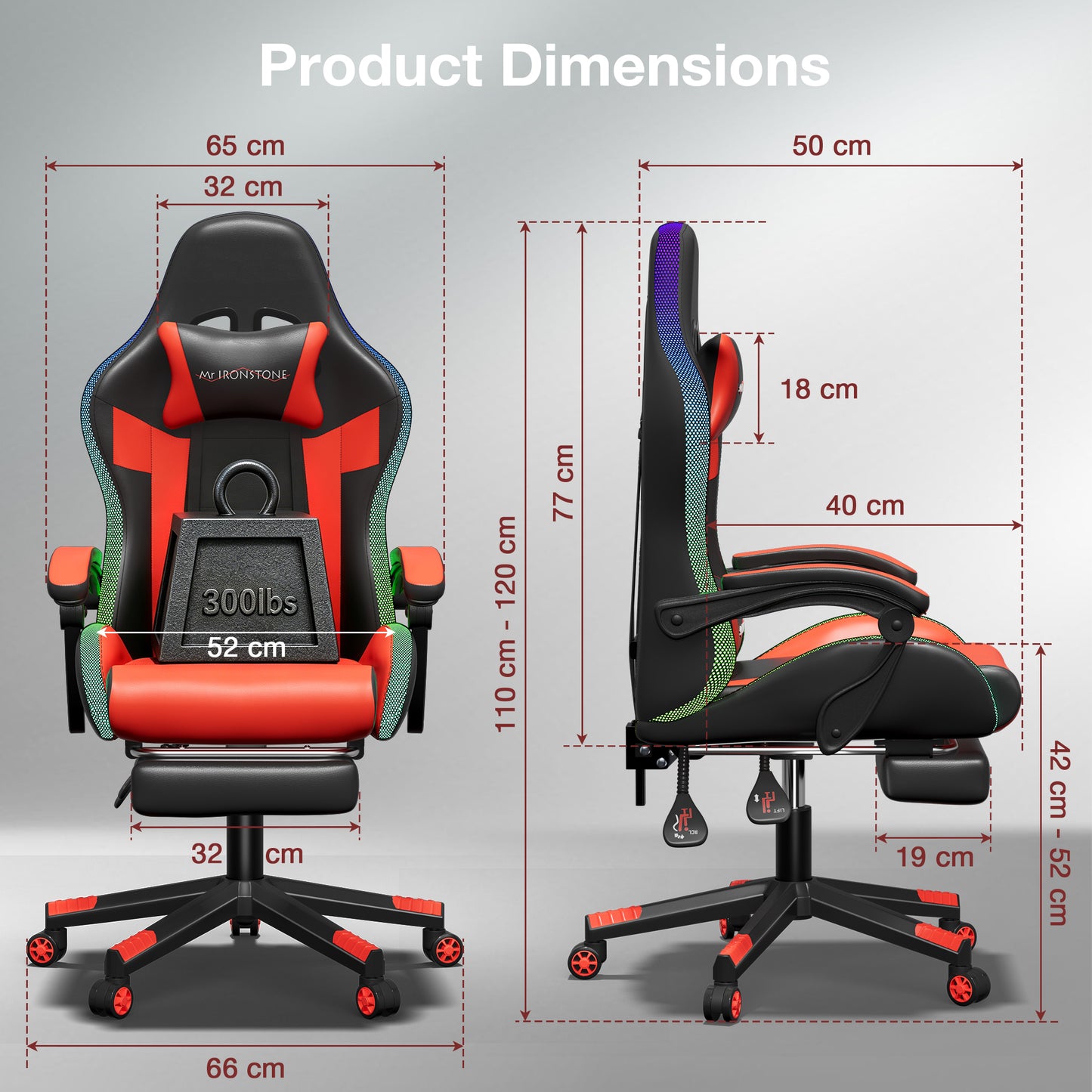 Mr IRONSTONE RGB Gaming Chair with Footrest, Ergonomic Computer Desk Chair with Lumbar Support and Adjustable LED Lights, 135° Reclining, Red