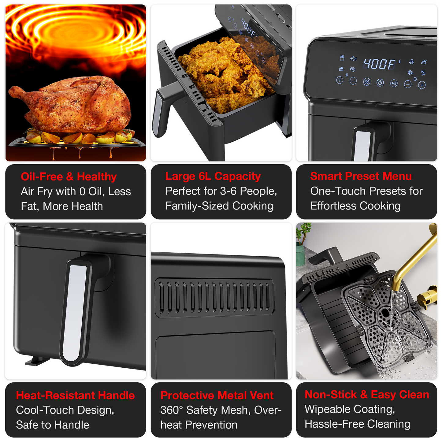 Dailygol Air Fryer 6 Quart Capacity Air Fryer 12-in-1 Air Fry, Roast, Reheat, Dehydrate, Bake, Steam with 400F, Black