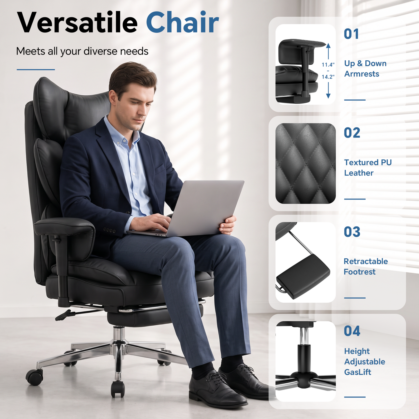 Mr IRONSTONE Executive Office Chair, High Back PU Leather Computer Desk Chair with Footrest and 3D Armrests, 350 LBS Capacity, Black