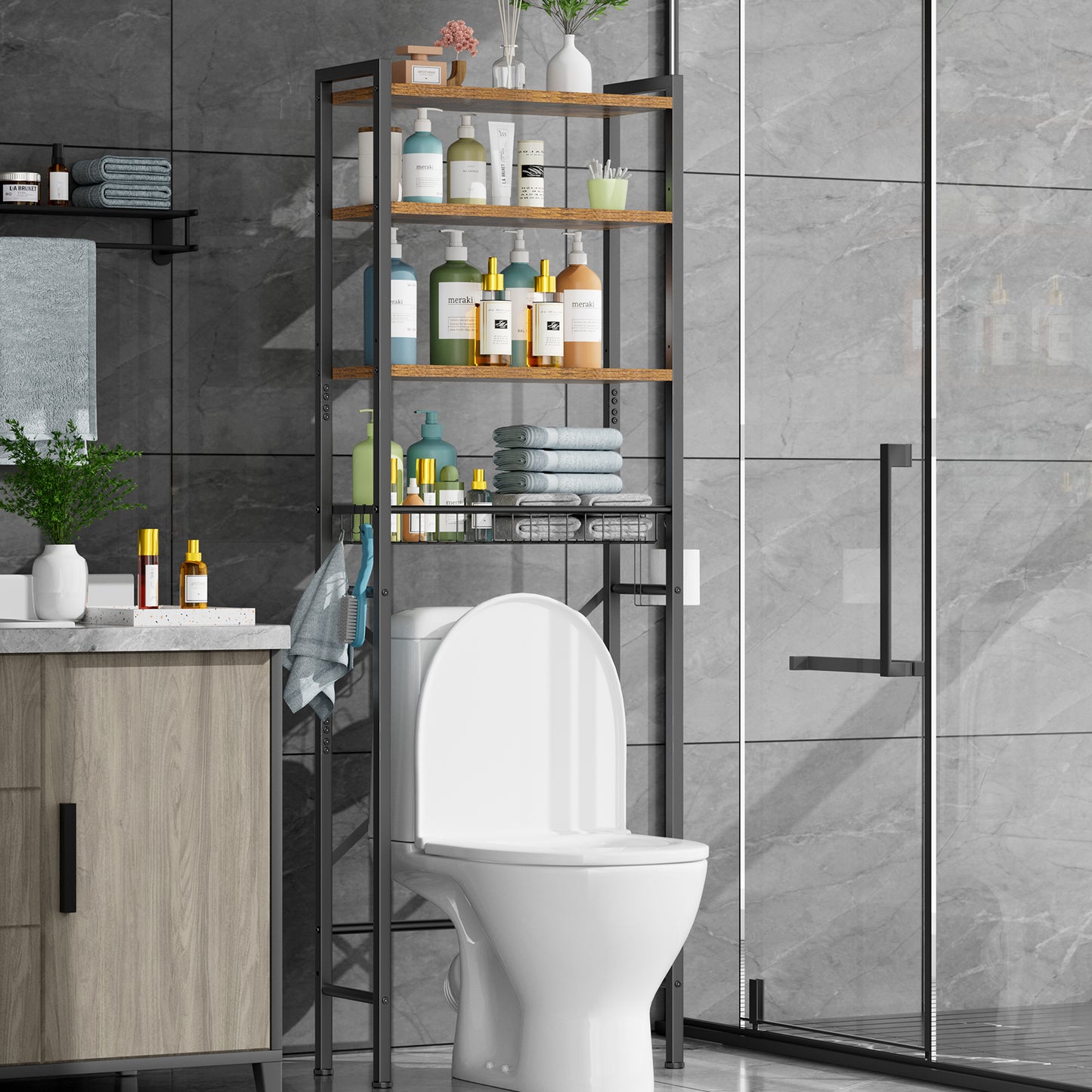 Mr IRONSTONE Over The Toilet Storage Shelf, 4-Tier Wooden Bathroom Organizer Adjustable Saver Space Rack with Toilet Paper Holder, Vintage Brown