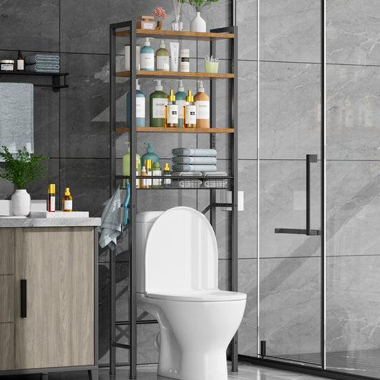 Mr IRONSTONE Over The Toilet Storage Shelf, 4-Tier Wooden Bathroom Organizer Adjustable Saver Space Rack with Toilet Paper Holder, Vintage Brown