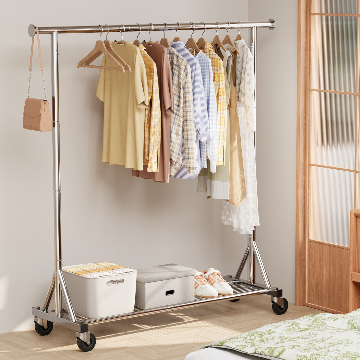 Mr IRONSTONE Heavy Duty Clothes Rack, Rolling Garment Rack with Lockable Wheels & Bottom Shelf, Space-Saving Metal Closet Organizer for Bedroom Laundry, Silver