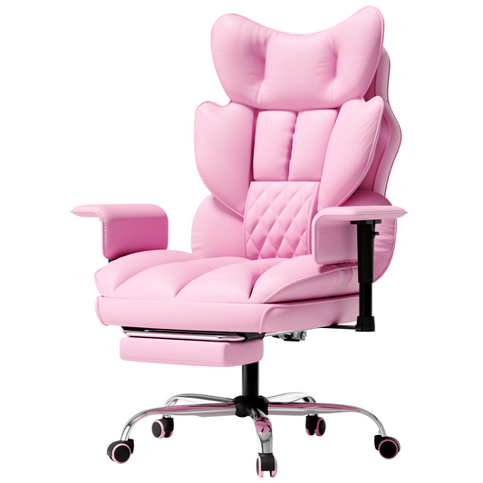 Mr IRONSTONE High Back Computer Desk Chair, Cute PU Leather Gaming Chair with Adjustable Armrests and Retractable Footrest, Pink