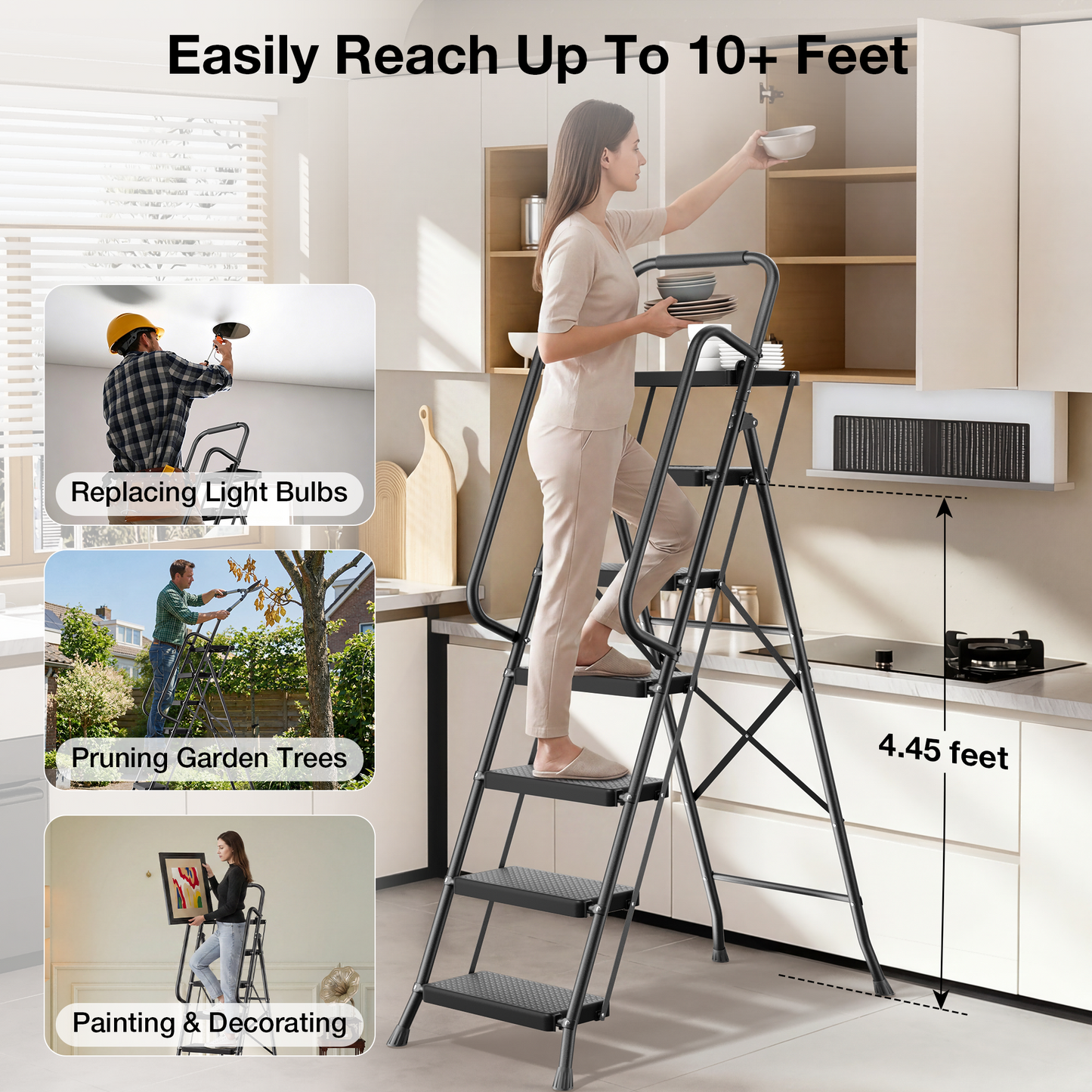 JOZ 6 Step Ladder for Adults, 800lbs Heavy Duty Folding Ladder with Tool Tray, Upgraded Non Slip Handrails and Anti Slip Pedal for Home Office Garage, Black